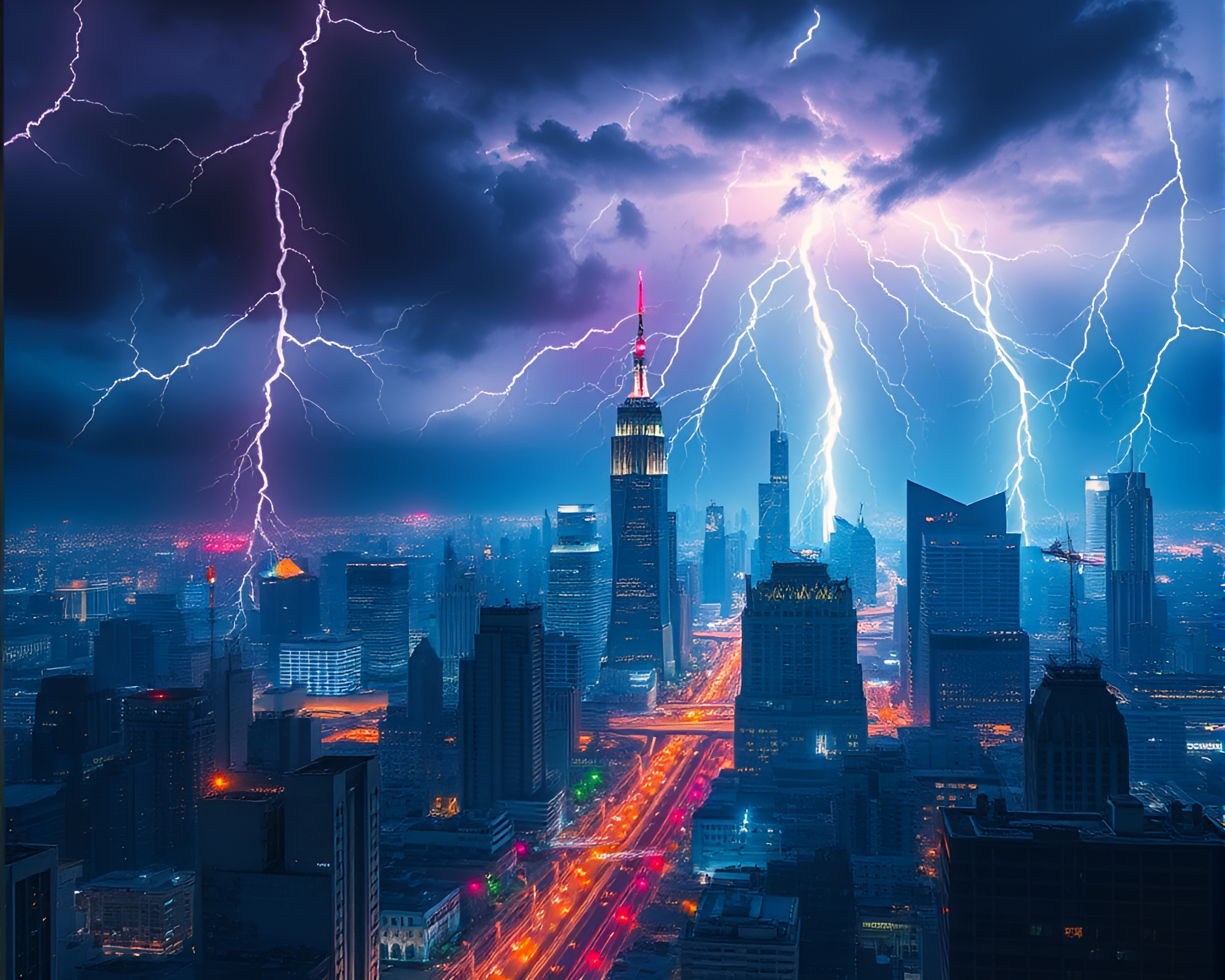 City Skyline Illuminated by Electric Storm Front – free AI stock image