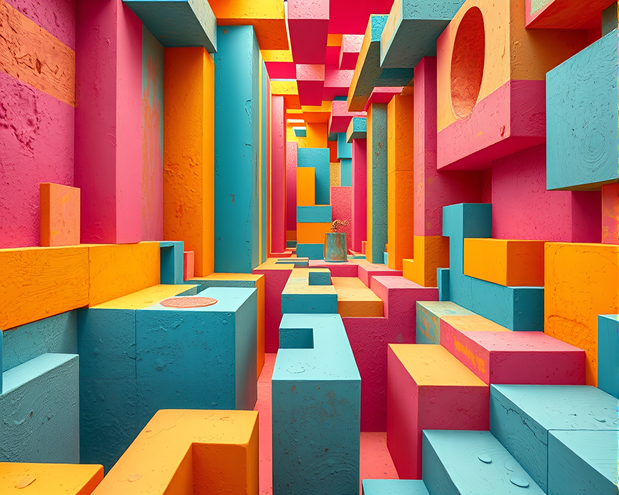 Enchanting Candy-Colored Rustic Cubism Maze – free AI stock image