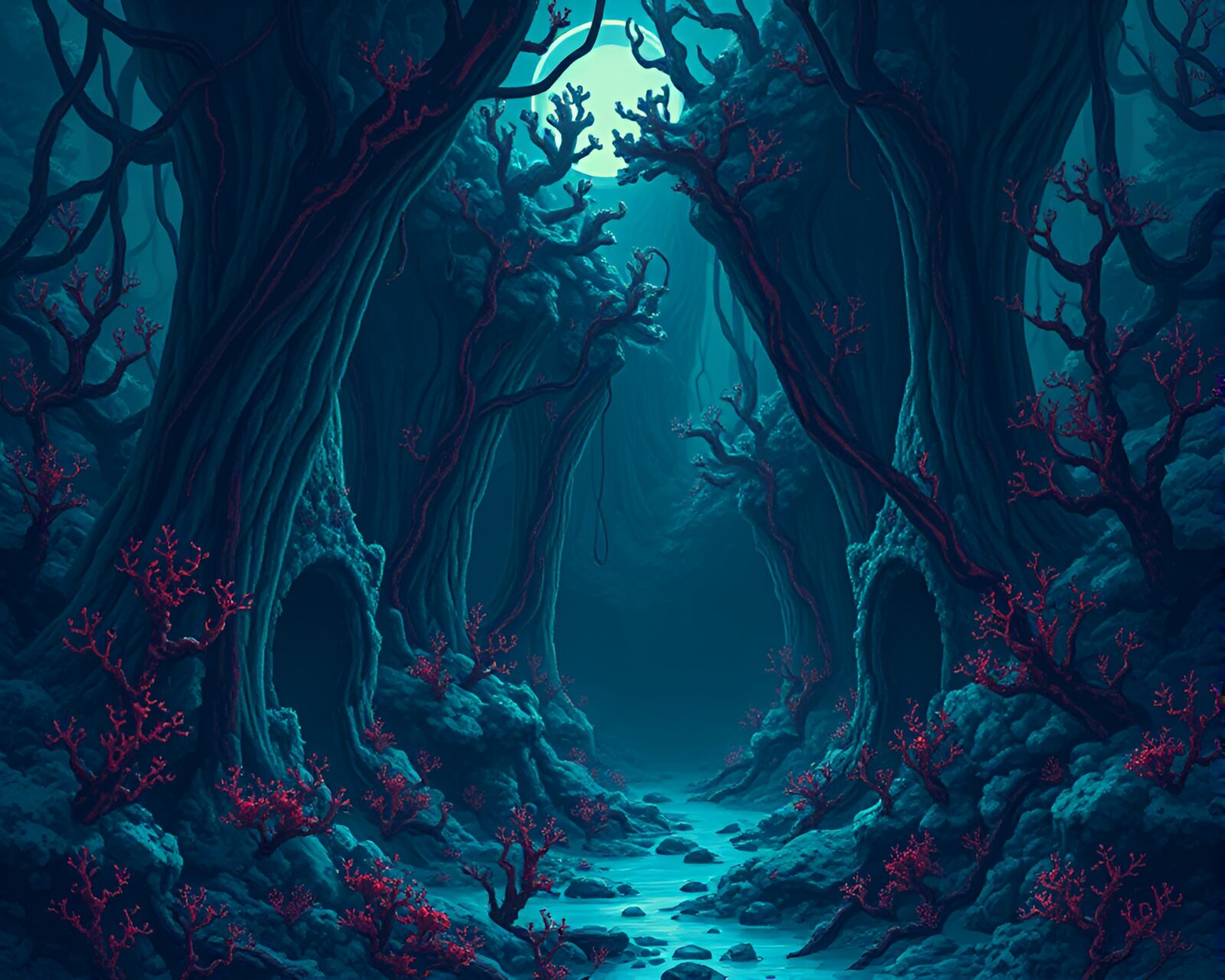 Detailed and foreboding digital image of alien coral forest