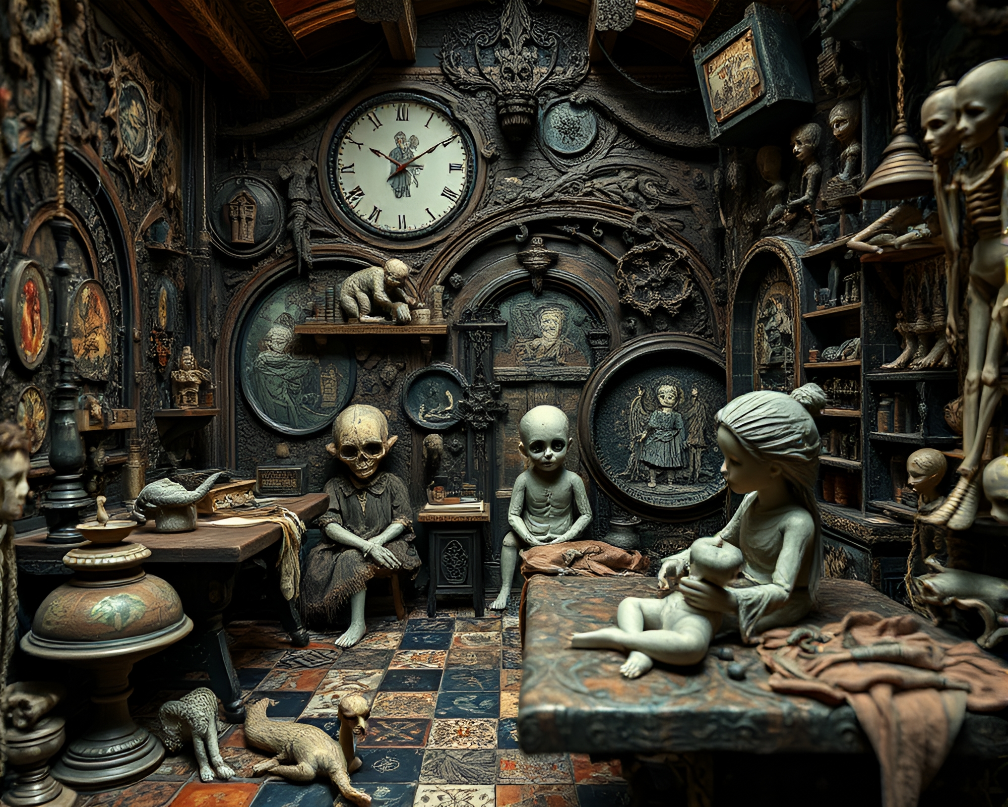 Eerie Mosaic Decors in Macabre Doll Workshop – free AI stock image
