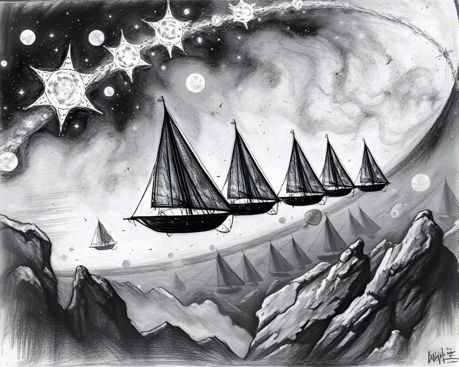Intricate charcoal sketch of solar sail fleet in celestial dreamscape