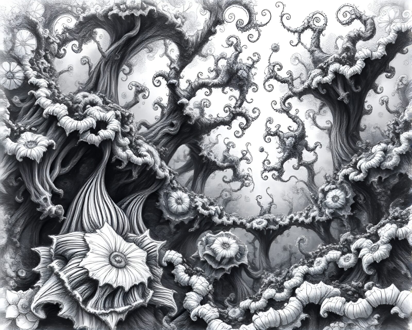 Captivating fractal jungle in mesmerizing charcoal sketch with intricate details