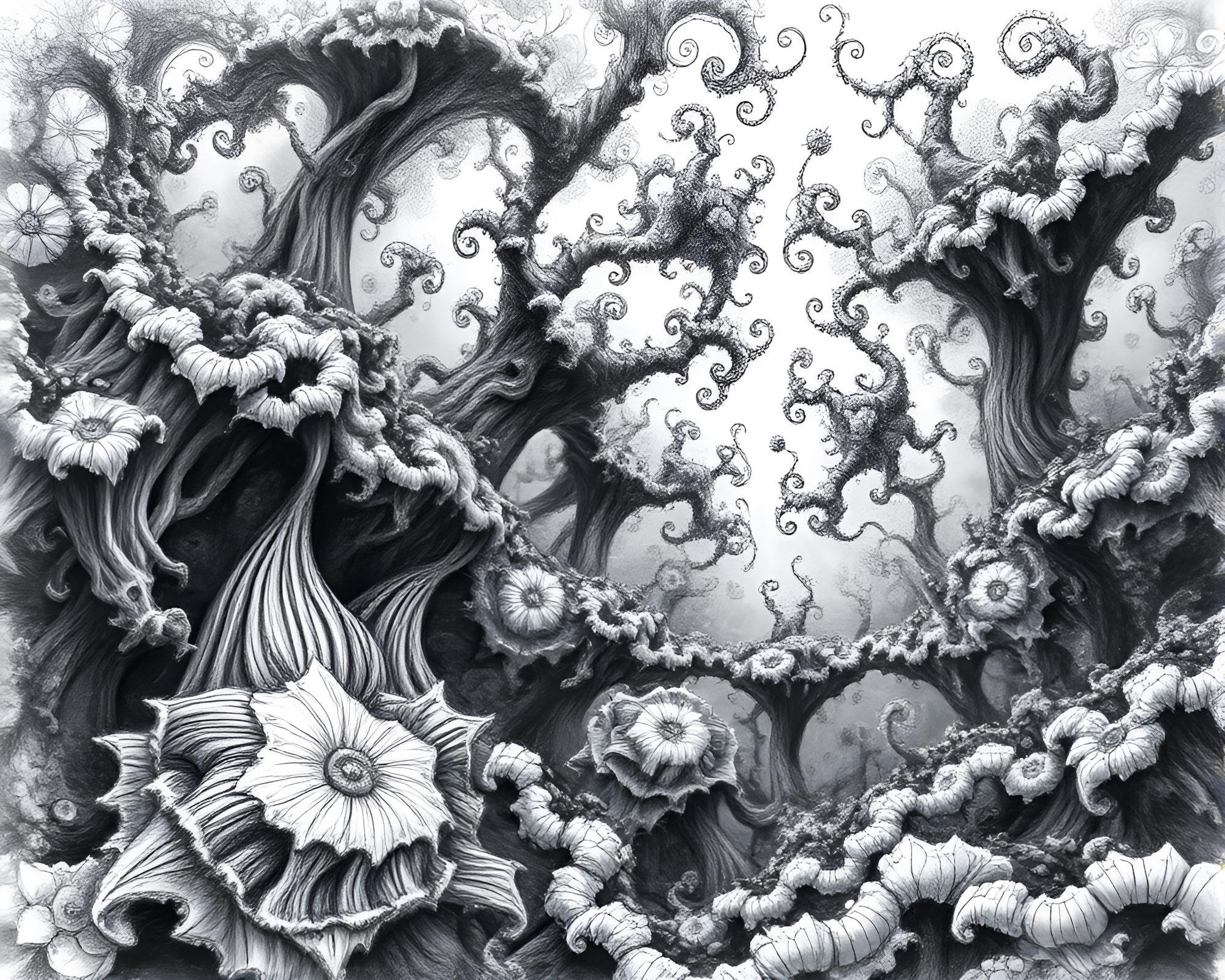 Intricate Fractal Jungle: Mesmerizing Charcoal Sketch with Swirling Patterns – free AI stock image