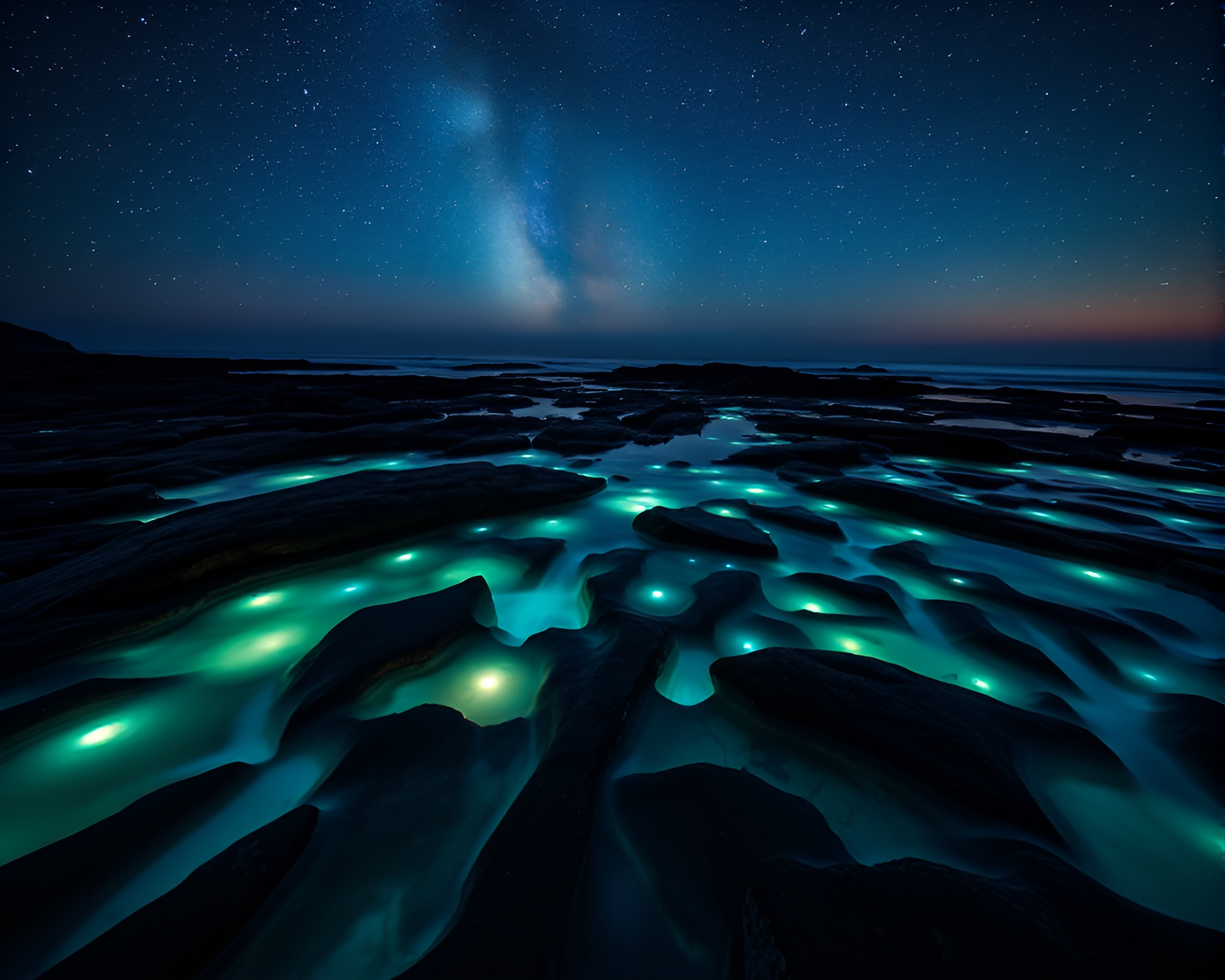 Enchanting Bioluminescent Tide Pools Illuminating Starry Night Sky – free AI stock image