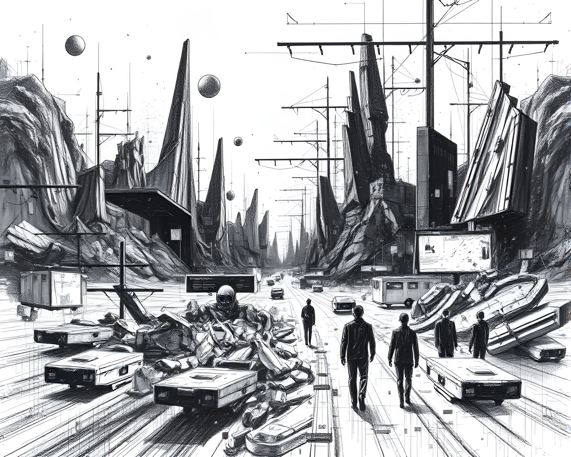 Frenetic Cyberpunk Glitch Art in Charcoal Sketch – free AI stock image