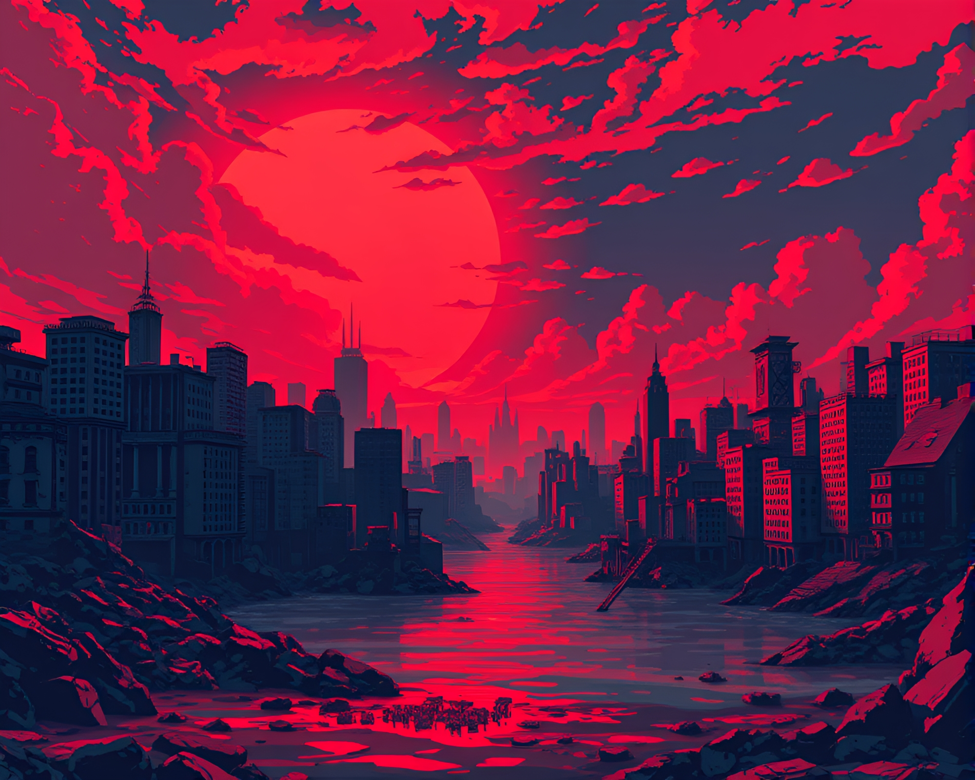Pixelated Apocalyptic Sunken Cityscape under Red Sky – free AI stock image