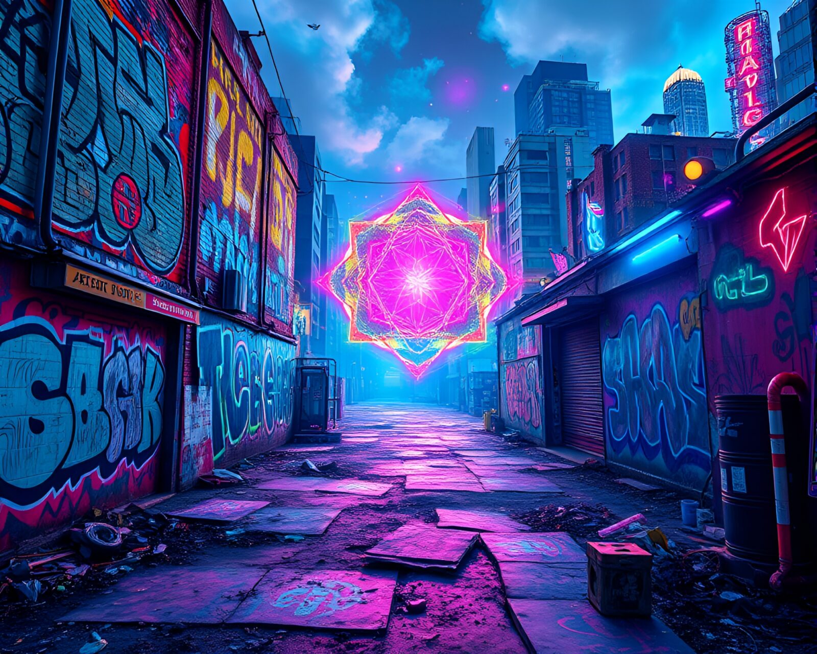 Intricate neon fractal design merging with vibrant graffiti art