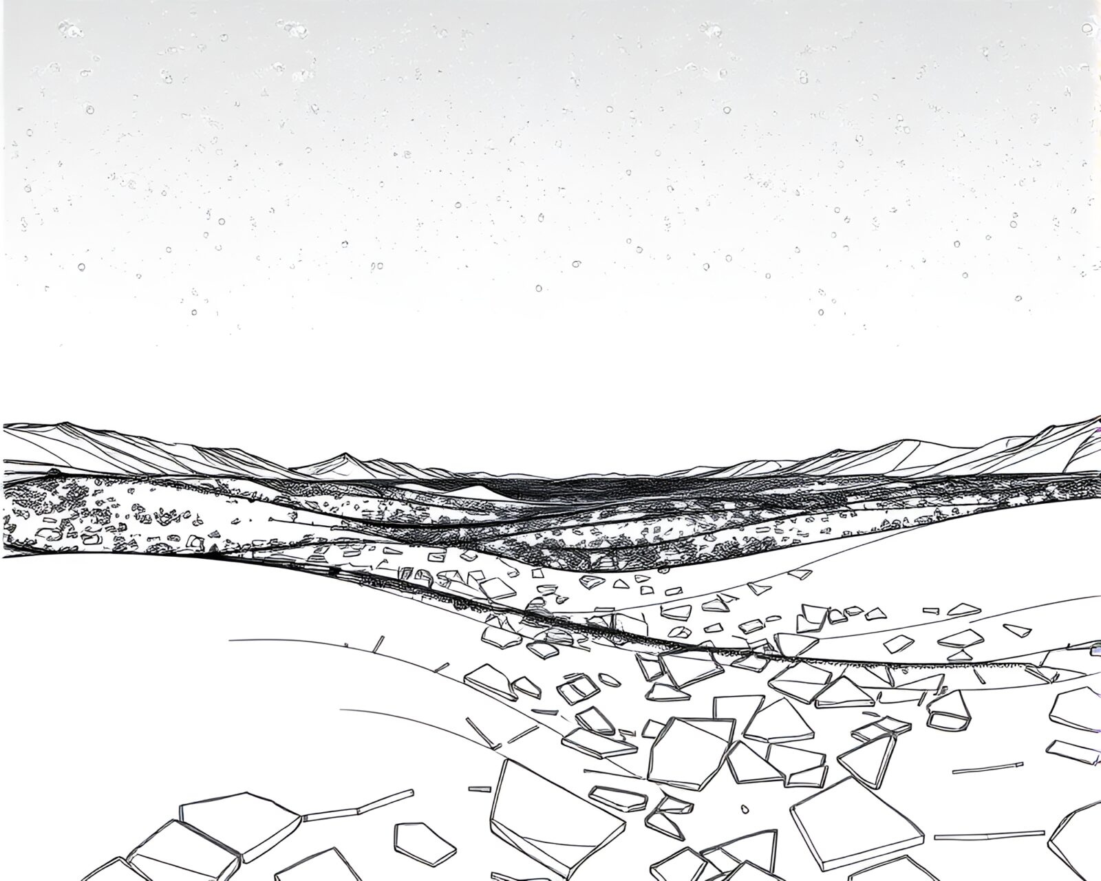 Stark black lines depict glass shards in desert under stars