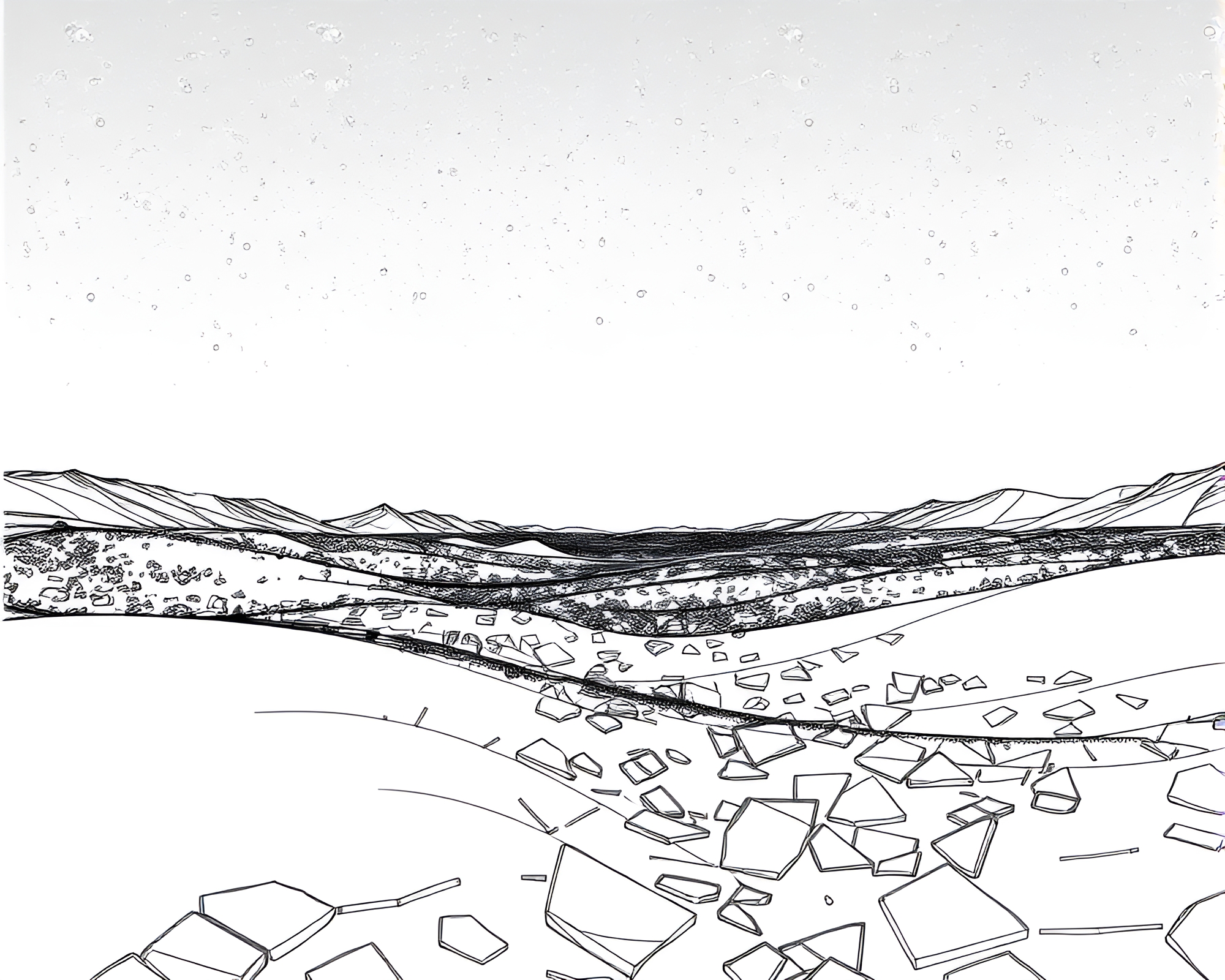 Mesmerizing Line Drawing of Shimmering Glass Desert Landscape – free AI stock image