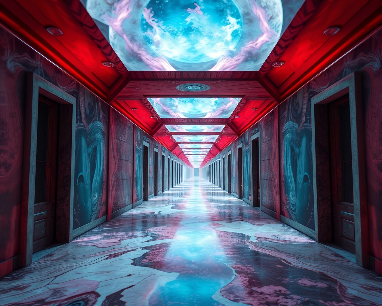 Distorted dimensions and colors in ethereal time-warp corridor