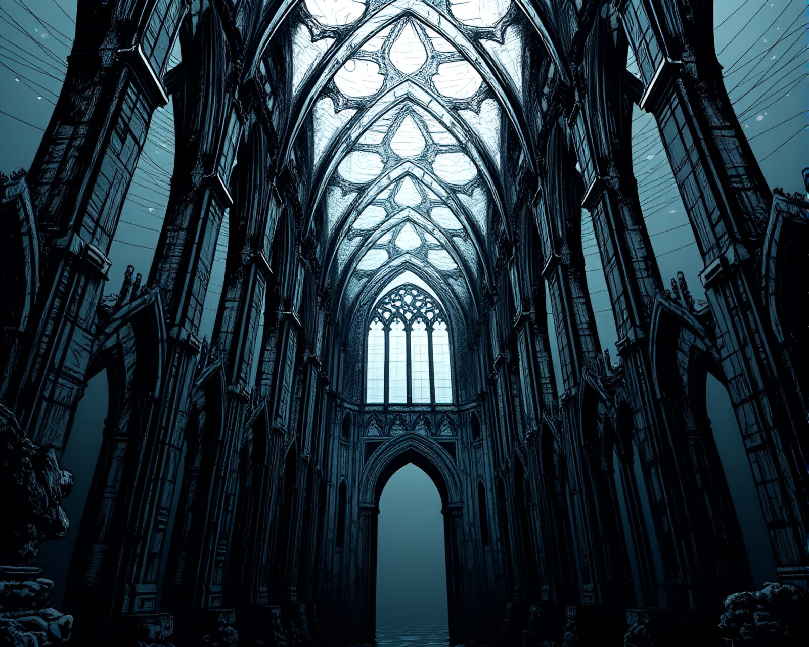 Mysterious underwater cathedral illuminated by faint rays of light