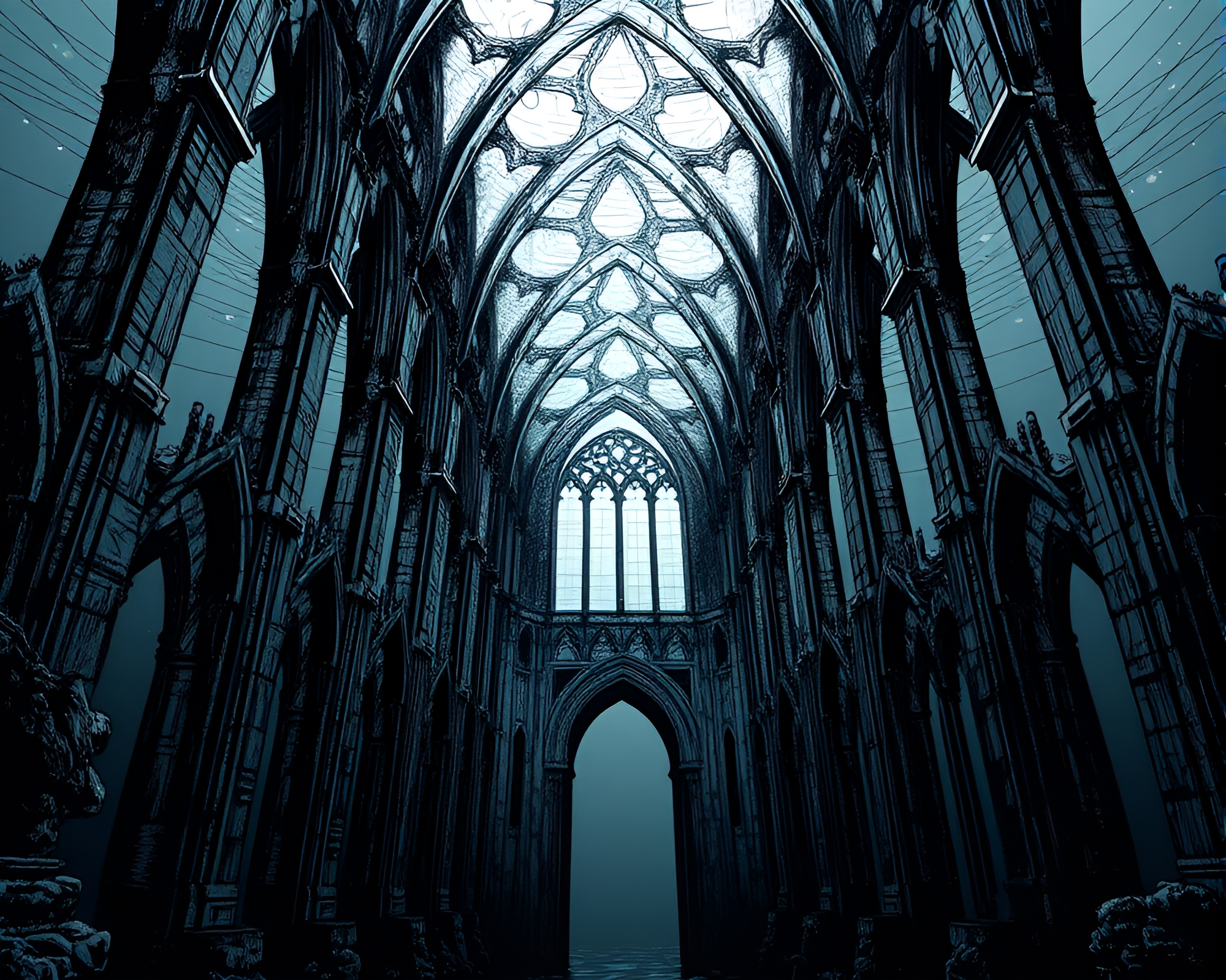 Ethereal Underwater Cathedral in Noir-Inspired Line Drawing – free AI stock image