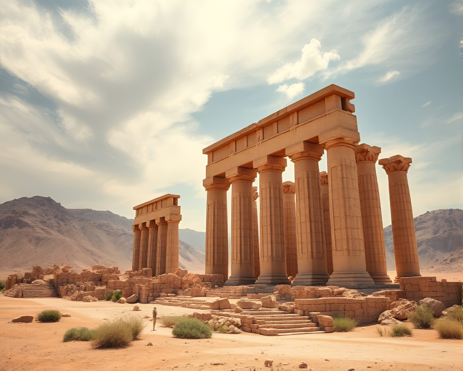 Towering art deco ruins in rugged wasteland landscape