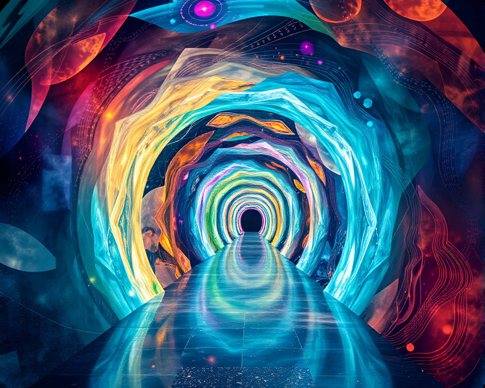 Time-Warp Corridors Collage in Tranquil Space – free AI stock image