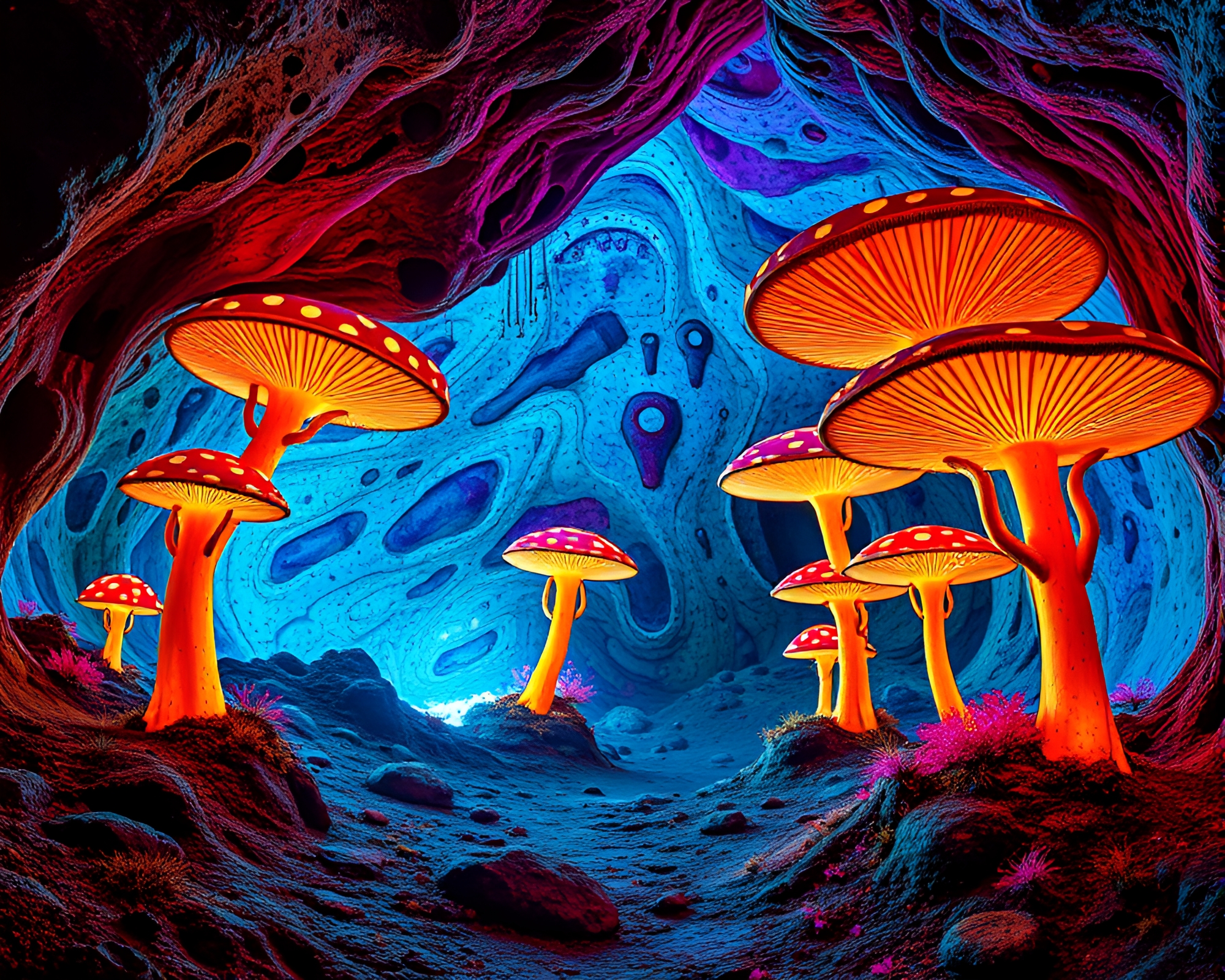 Vibrant Mushroom Forest in Subterranean Pop Art Cavern – free AI stock image