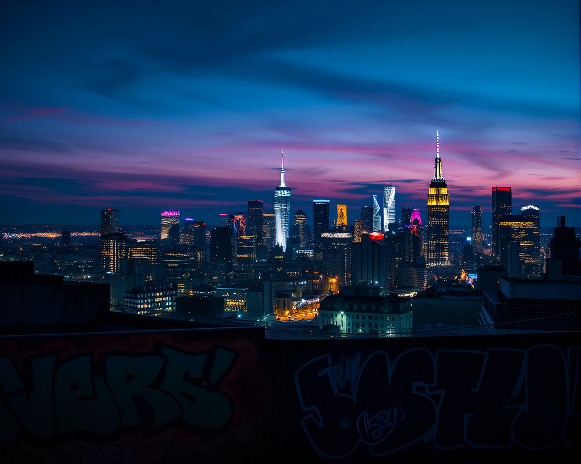 Vibrant Urban Twilight Skyline with Neon Lights and Graffiti – free AI stock image