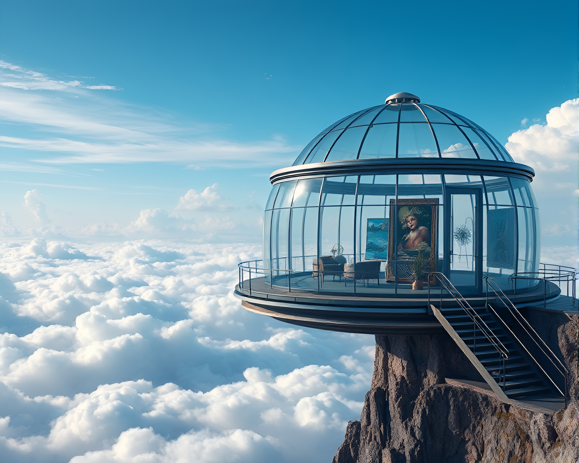 Surreal Cloud Observatory Filled with Dreamy Artworks – free AI stock image