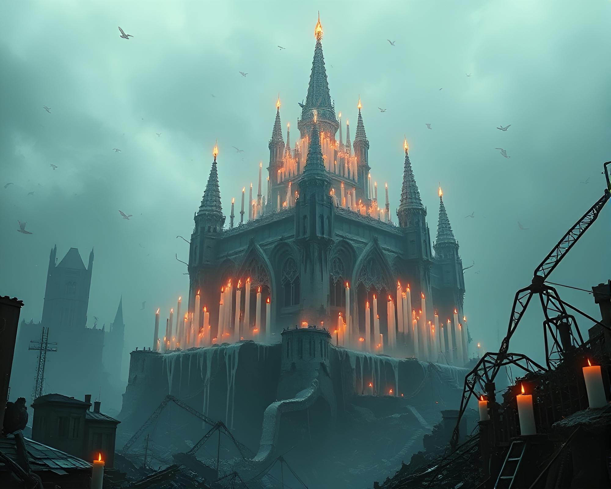 Surreal Dystopian Citadel Illuminated by Floating Candles – free AI stock image