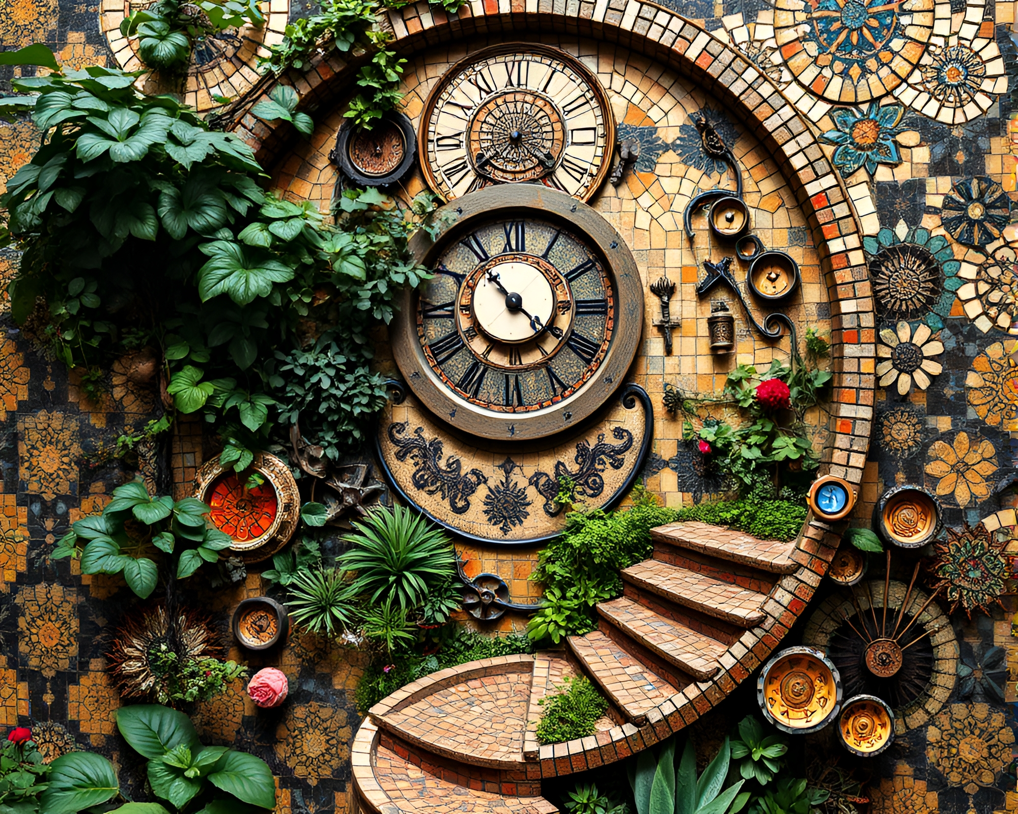 Enchanting Clockwork Garden with Intricate Mosaic Tile Designs – free AI stock image