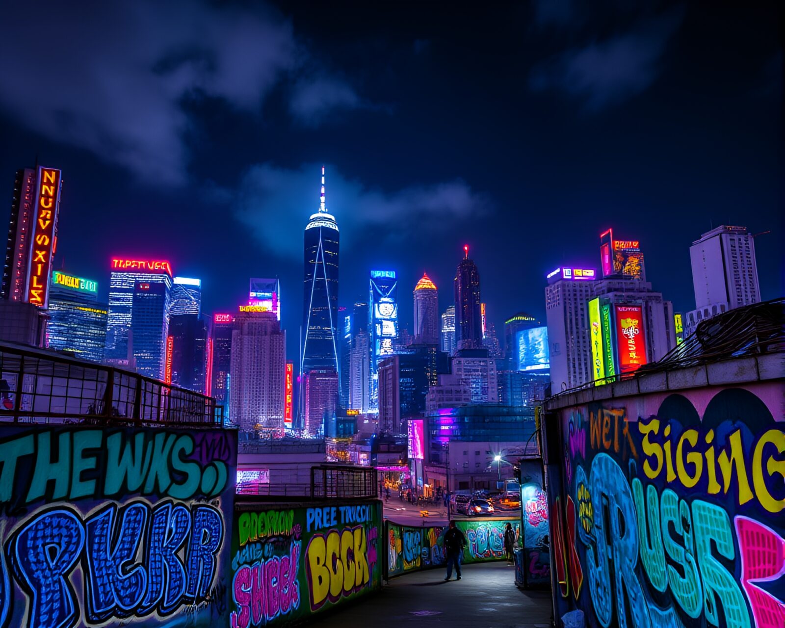 Nighttime cityscape with vibrant neon lights and graffiti art