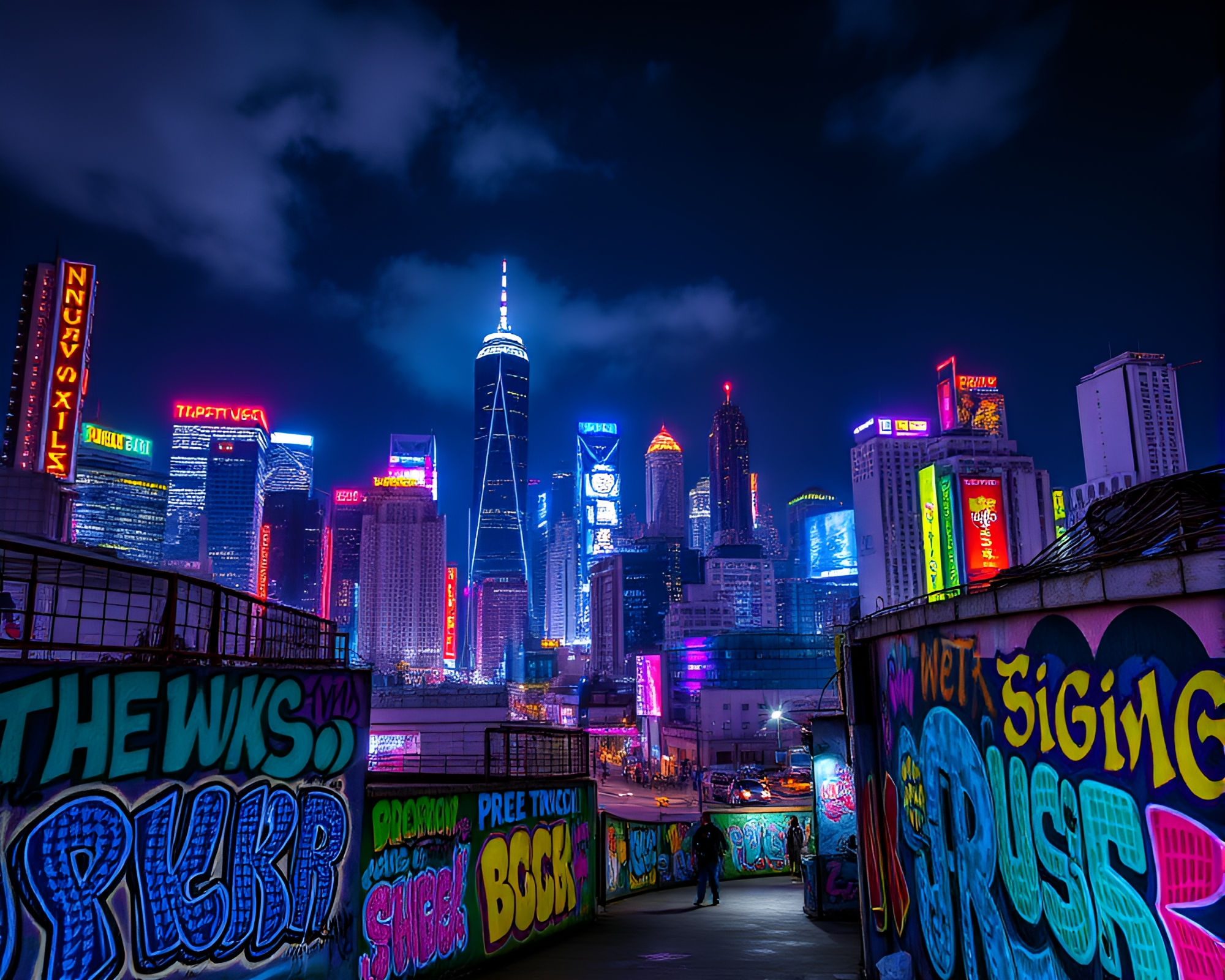 Neon-Lit Urban Skyline with Colorful Graffiti Art – free AI stock image