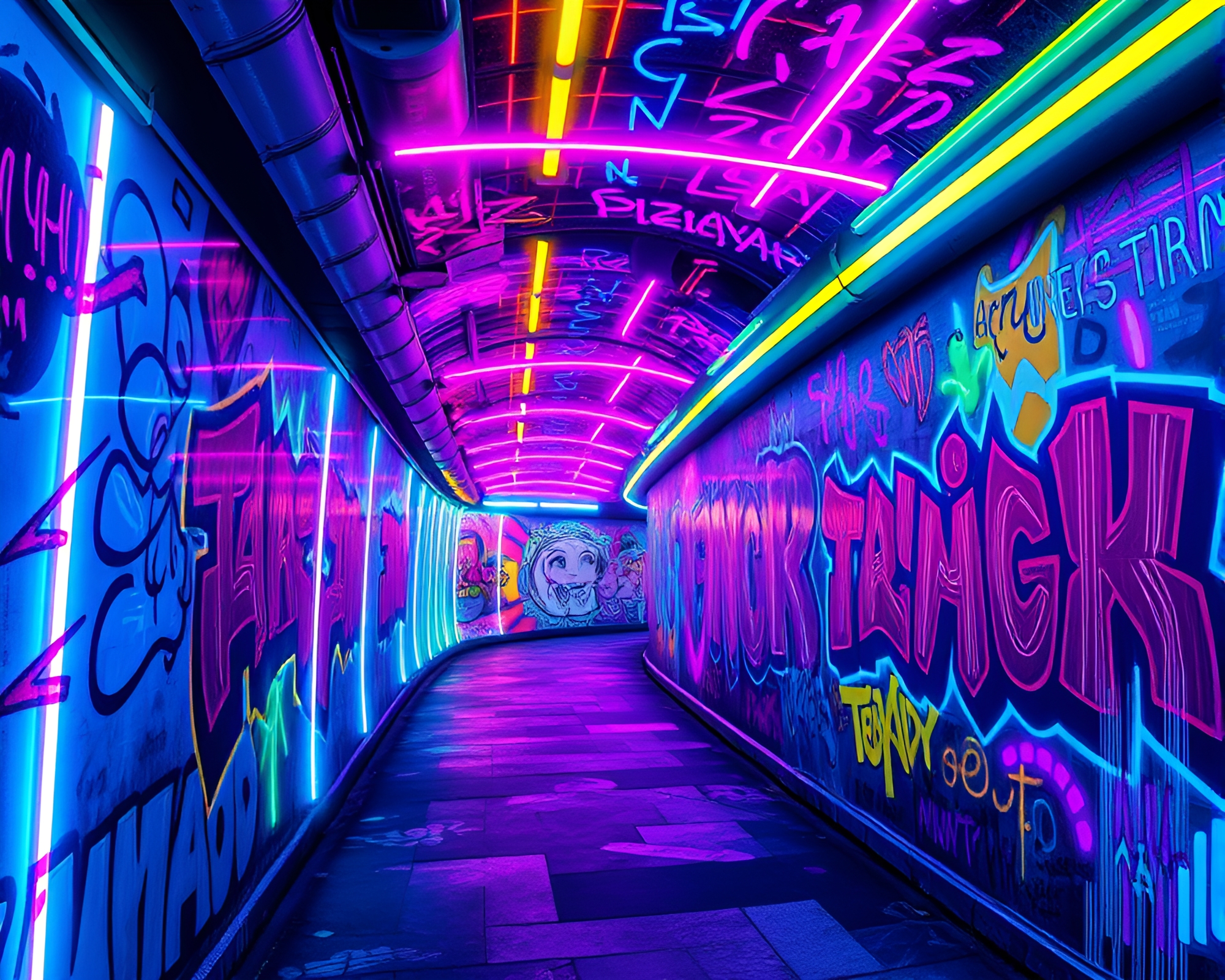 Neon Graffiti Tunnel with Anime Inspired Artwork – free AI stock image