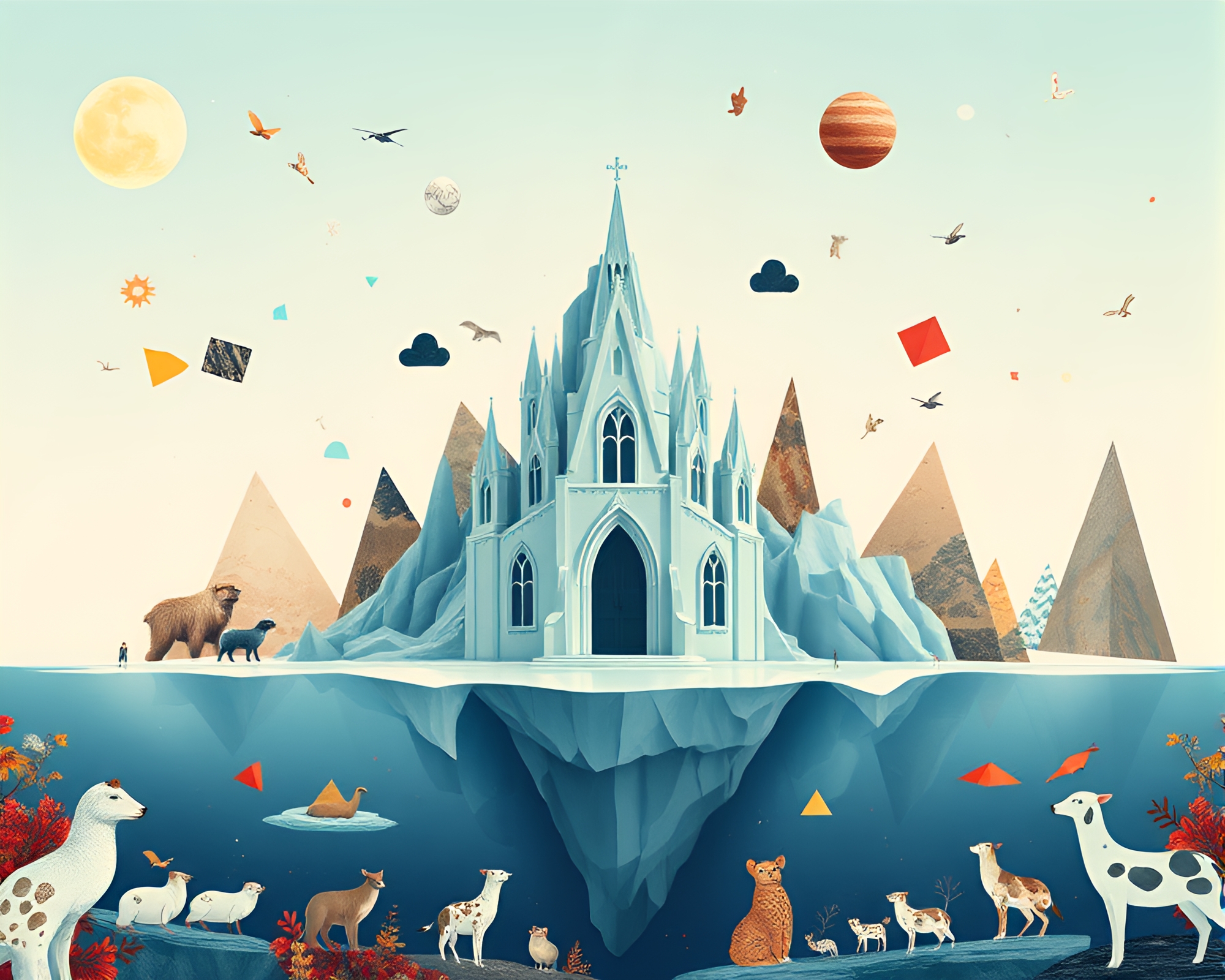 Whimsical Iceberg Cathedral Surrounded by Playful Collage Elements – free AI stock image