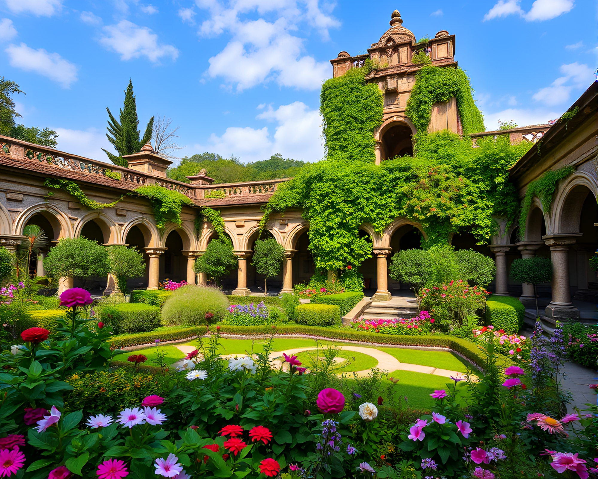 Ancient Garden in Memory Palace with Lush Greenery – free AI stock image