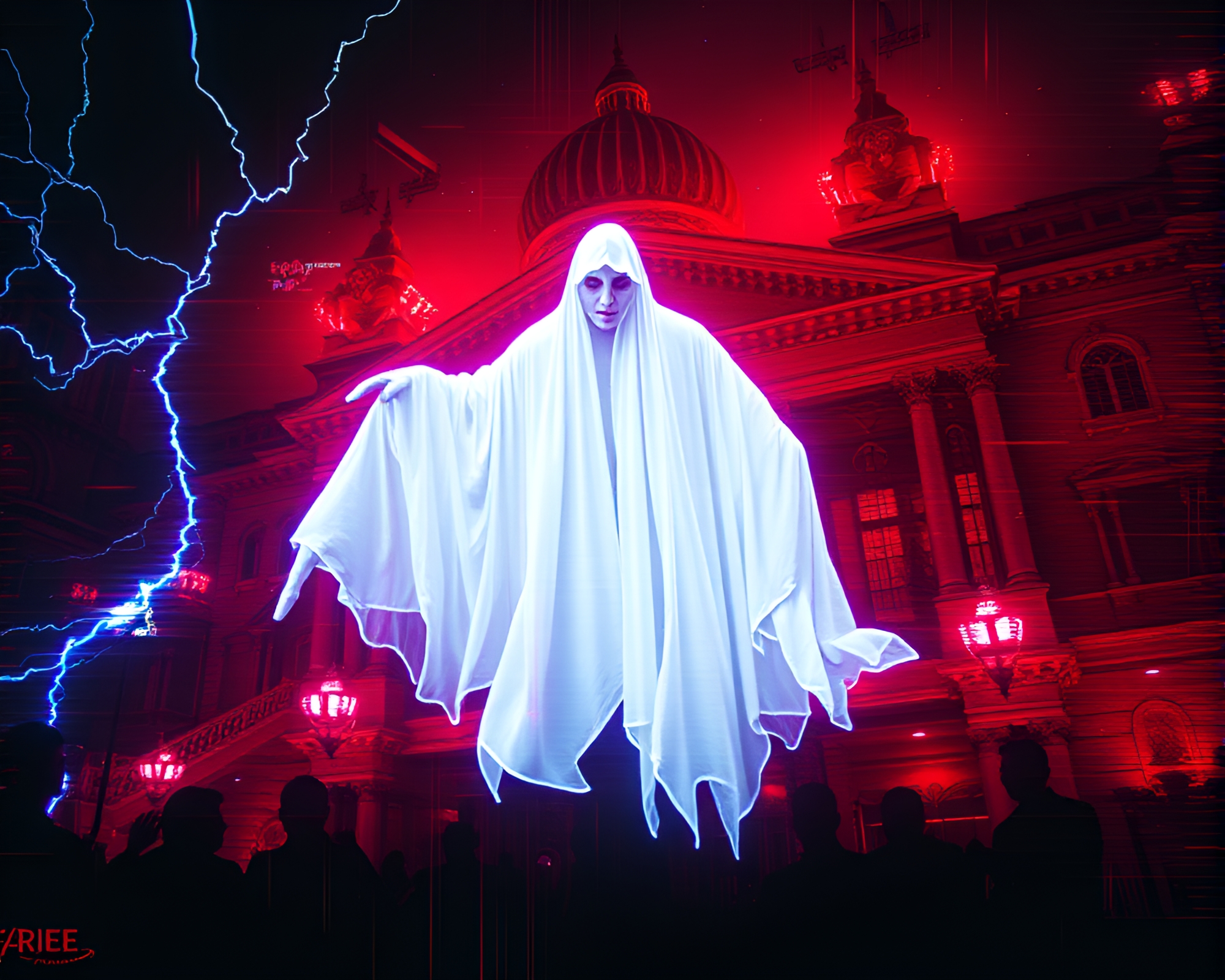 Ethereal Phantom Surrounded by Glitch Art at Opera House – free AI stock image