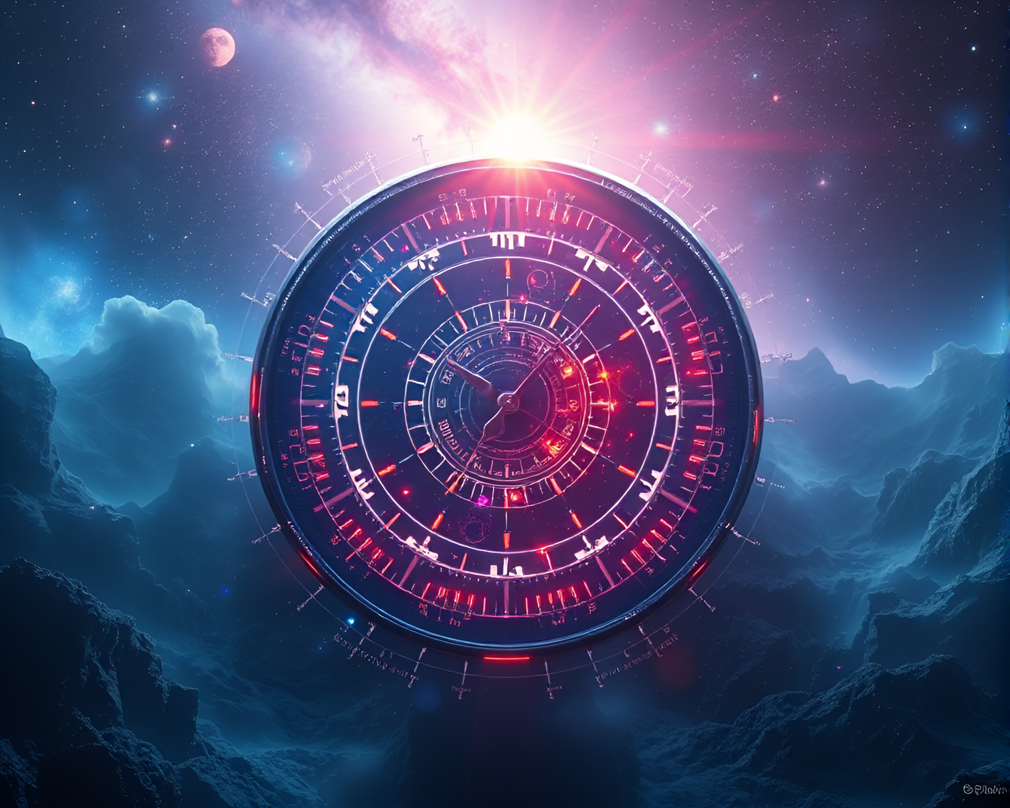 Futuristic Cosmic Clock Face with Digital Elements – free AI stock image