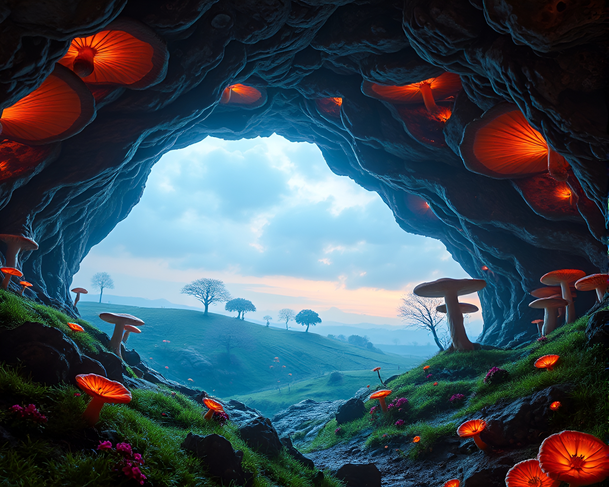 Luminous 3D Fungus-filled Cavern in Picturesque Landscape – free AI stock image
