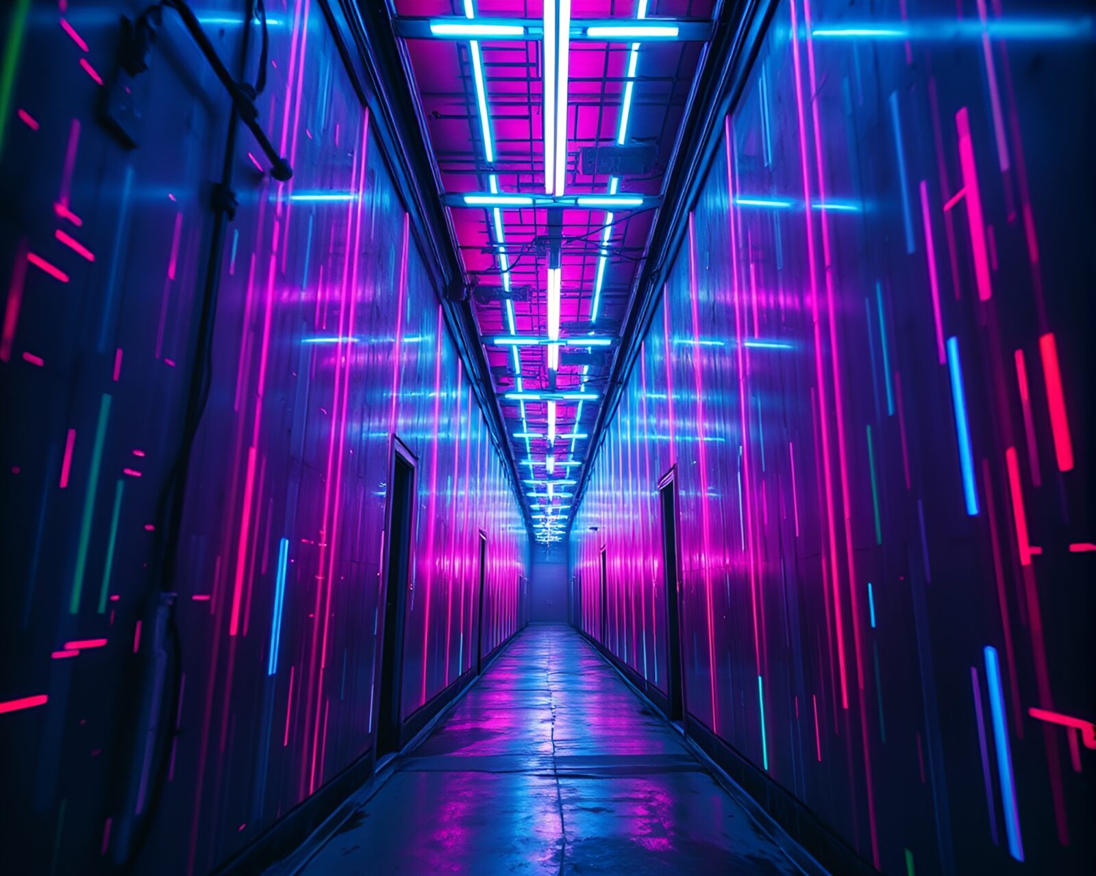 Vibrant and surreal glitch art in neon alleyway
