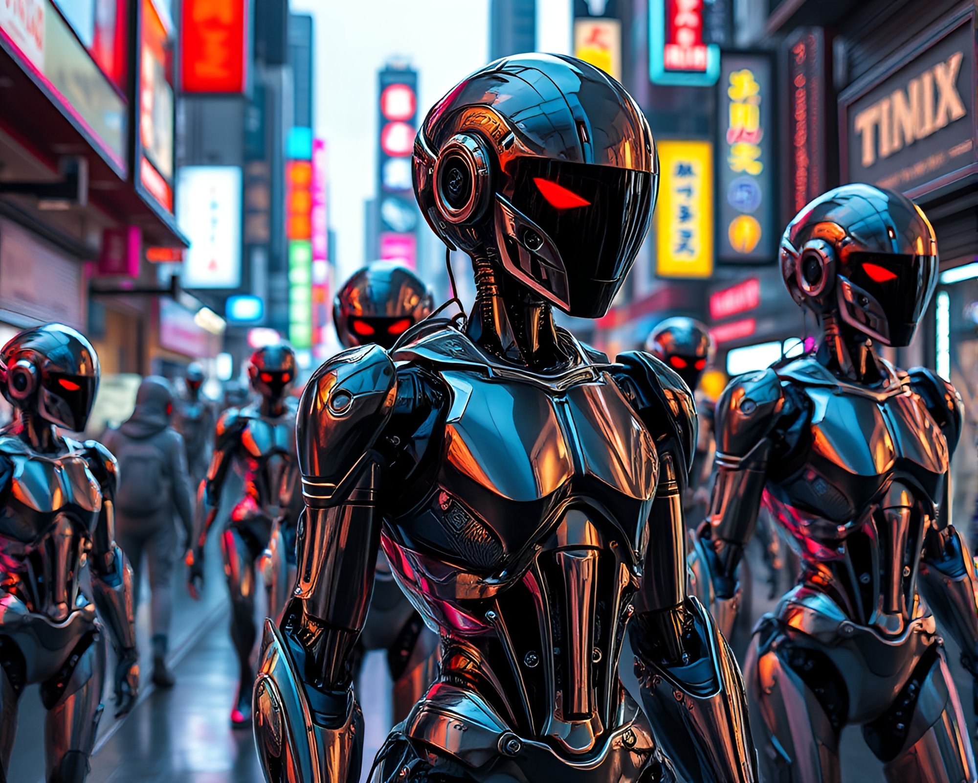 Futuristic City Street Teeming with Androids and Cyborgs – free AI stock image