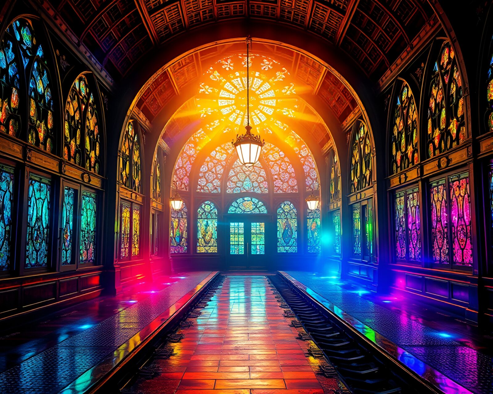 Ethereal scene of vibrant stained glass windows in a ghostly train station