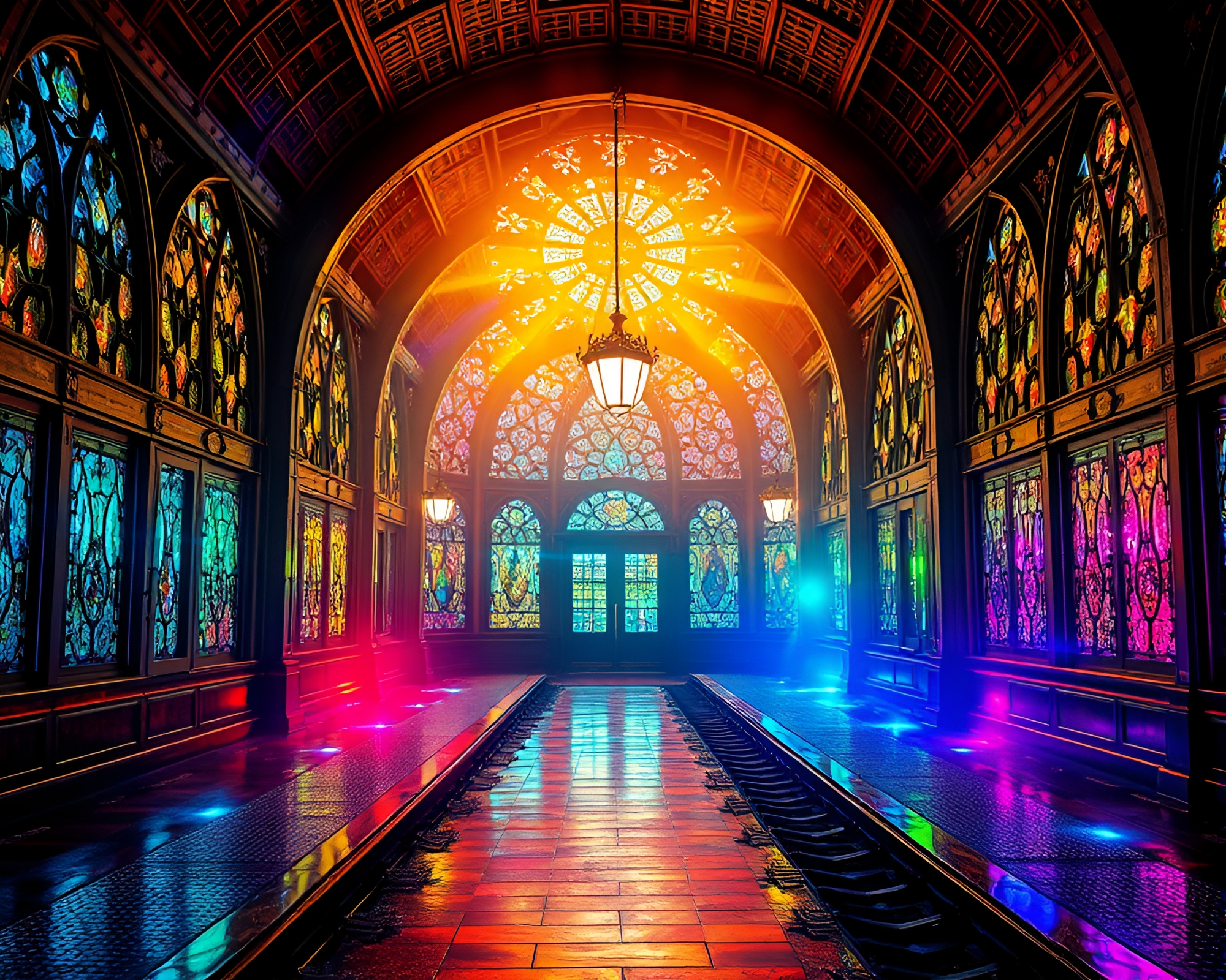 Enchanting Phantom Train Station with Mystic Stained Glass Windows – free AI stock image