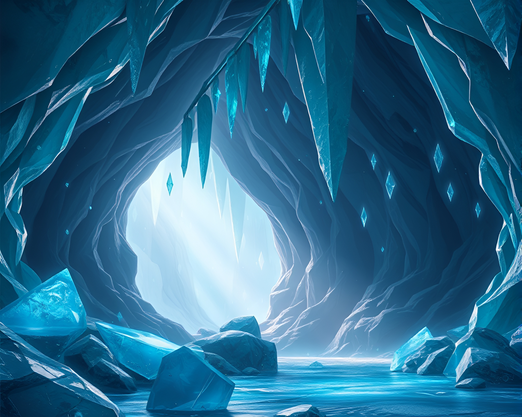 Mystical Ice Cavern With Shimmering Prisms Concept Art – free AI stock image