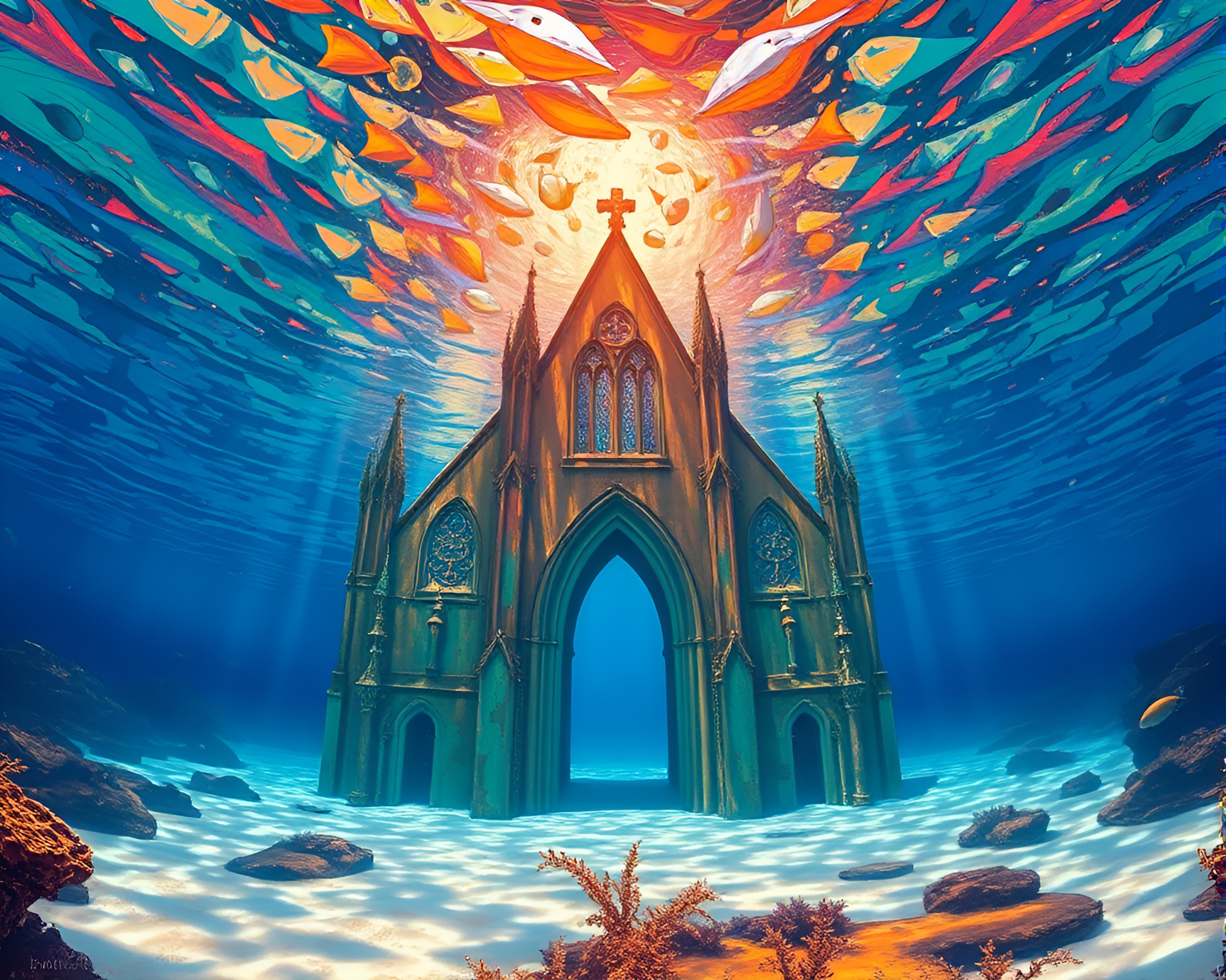 Submerged Cathedral surrounded by vibrant harmonious patterns – free AI stock image
