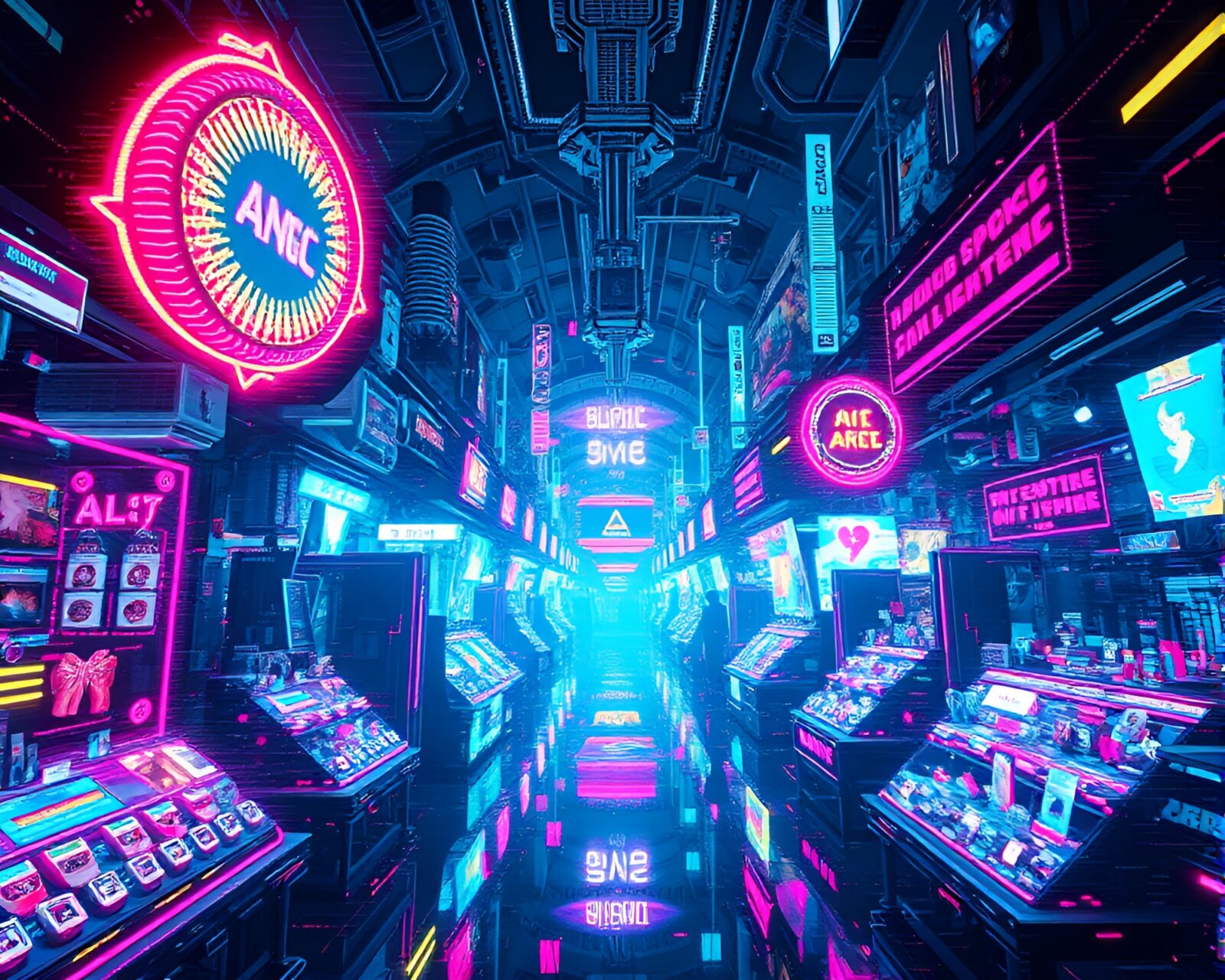 Holographic bazaar with glitch art creates static-filled ambiance