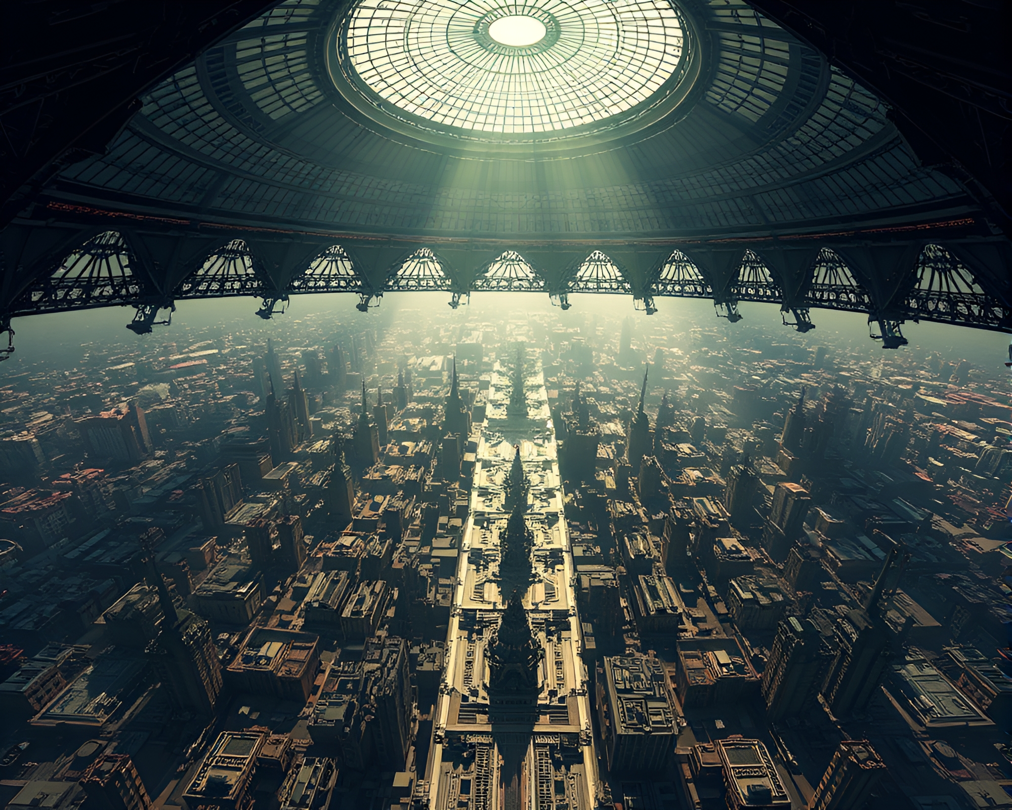 Futuristic City Grid in Melancholic Stained Glass Light – free AI stock image