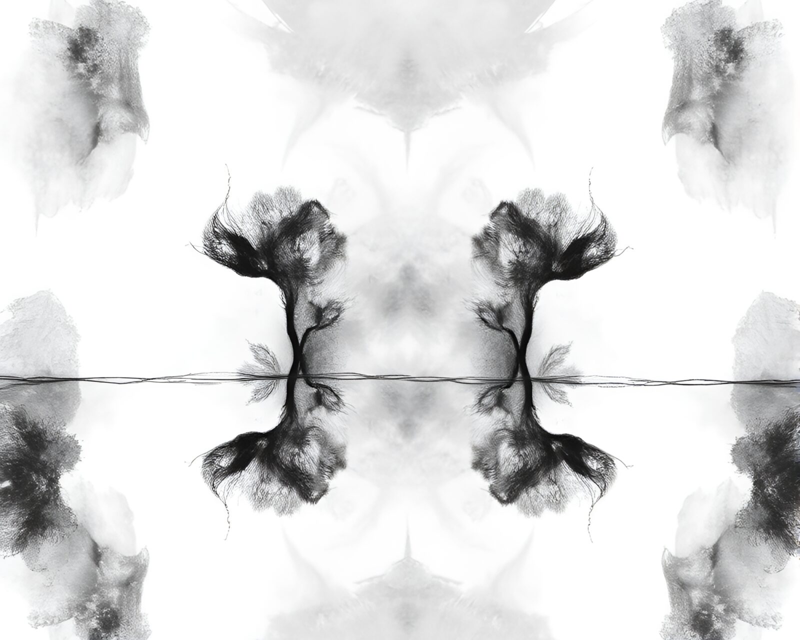 Abstract blend of shapes and colors in reflective charcoal art