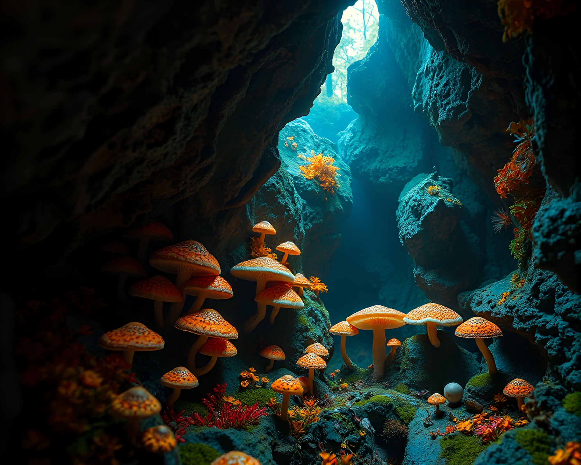 Luminous Fungus-Filled Cavern with Edgy Embroidery Pattern – free AI stock image