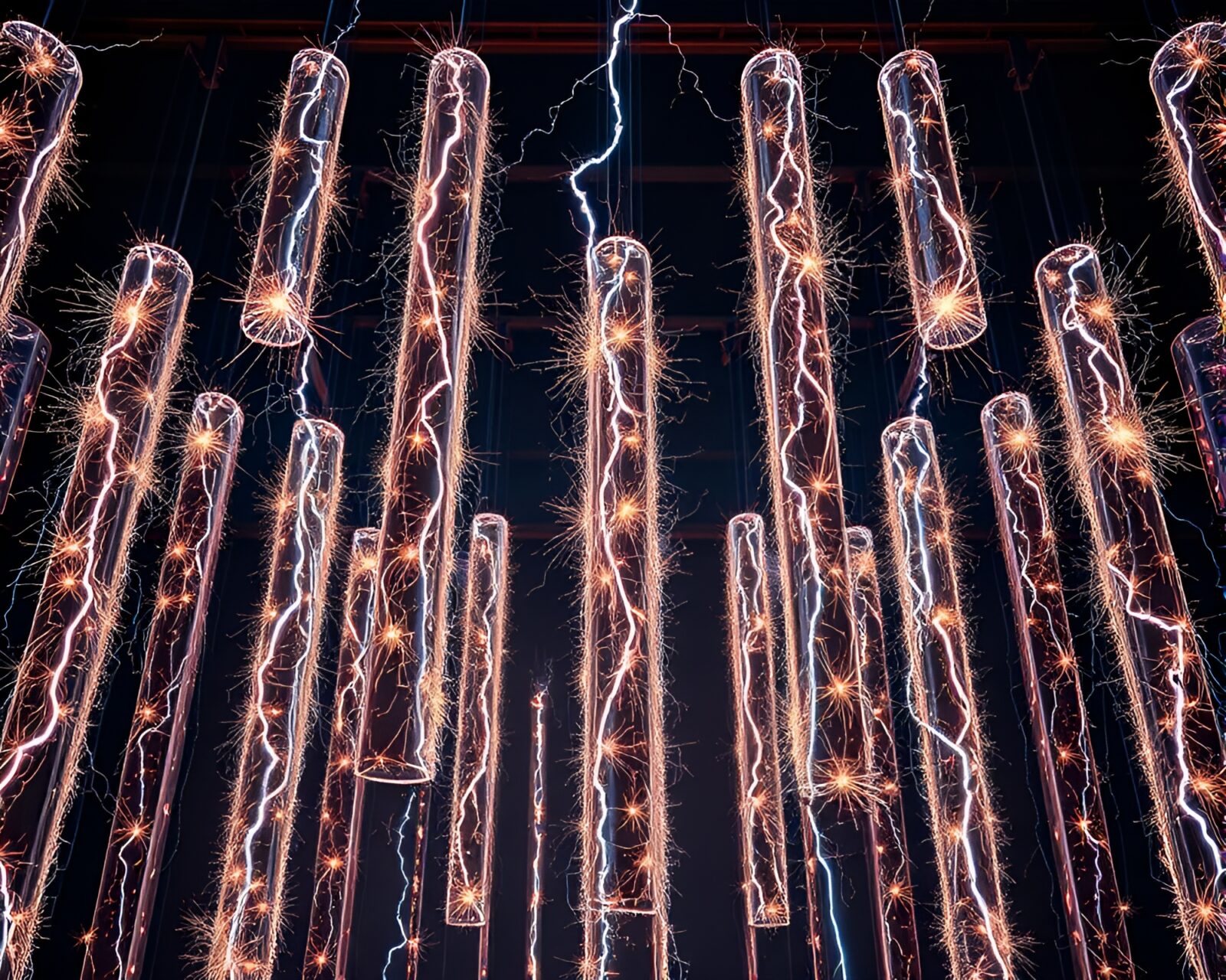 Abstract digital artwork of floating pillars emitting vibrant electric sparks