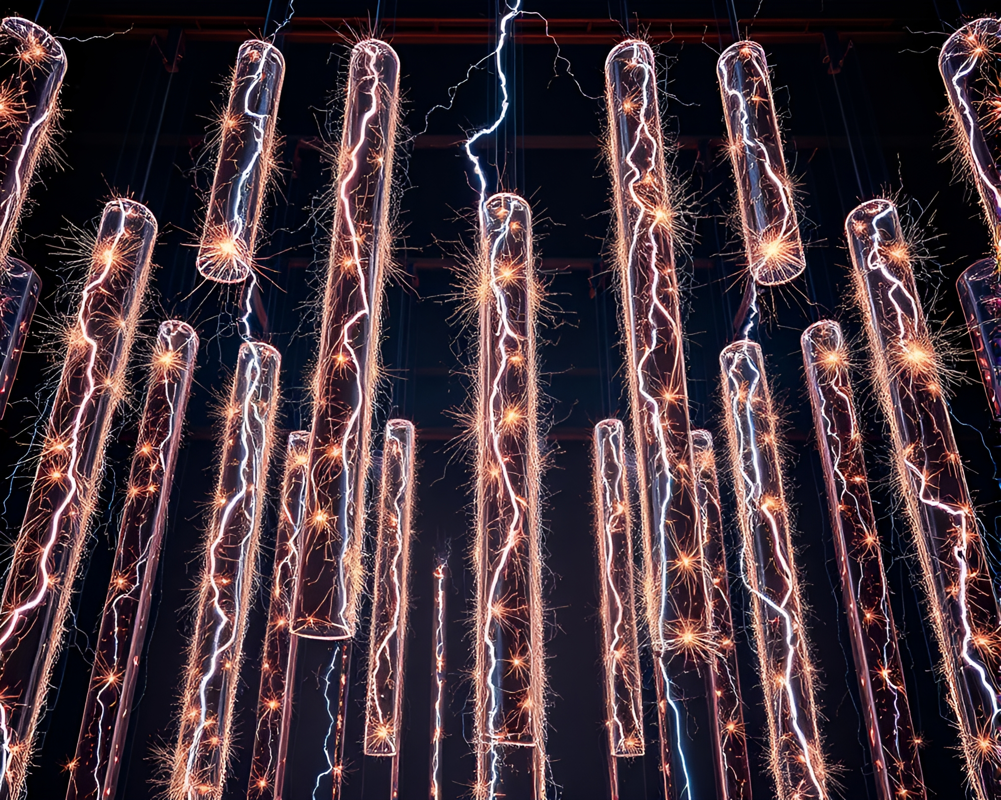 Suspended Monolithic Pillars Crackling with Electrifying Energy – free AI stock image