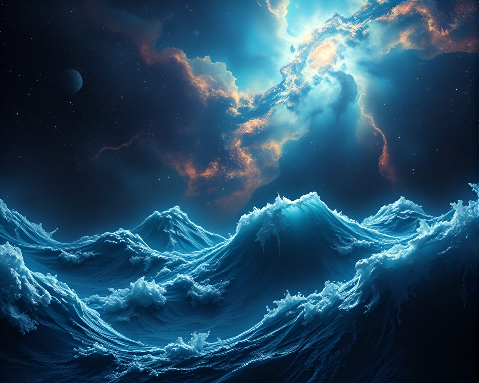 Abstract surreal cosmic ocean with vibrant colors and shapes