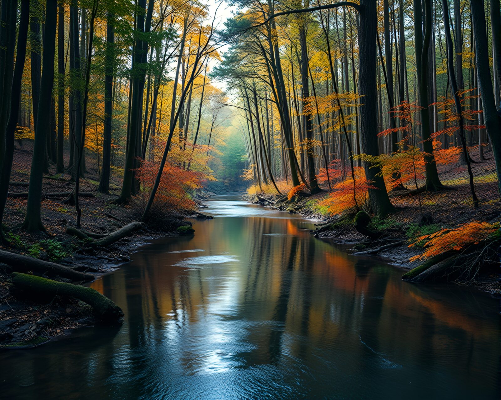 Shimmering mercury river flowing through serene forest scene