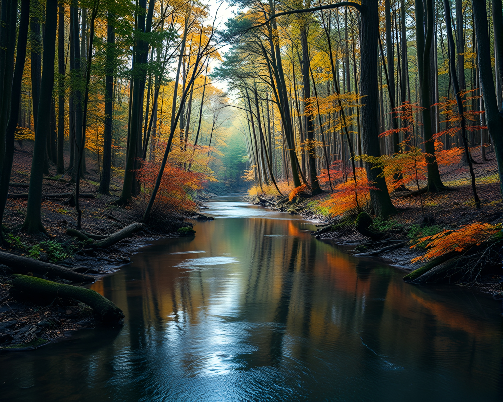 Serenity in Nature: Liquid Mercury River in Tranquil Forest – free AI stock image