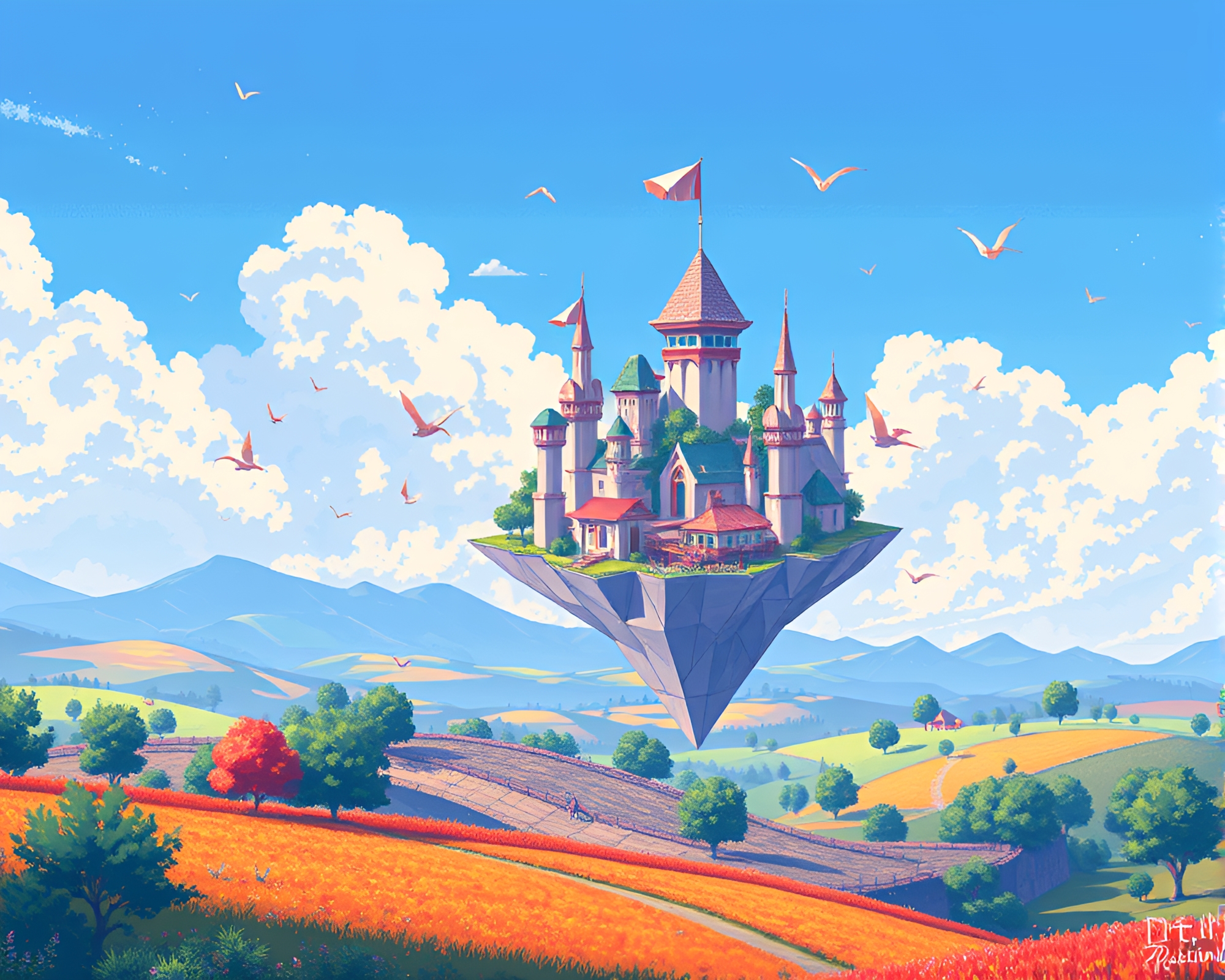 Origami Floating City in Pixel Art Landscape – free AI stock image