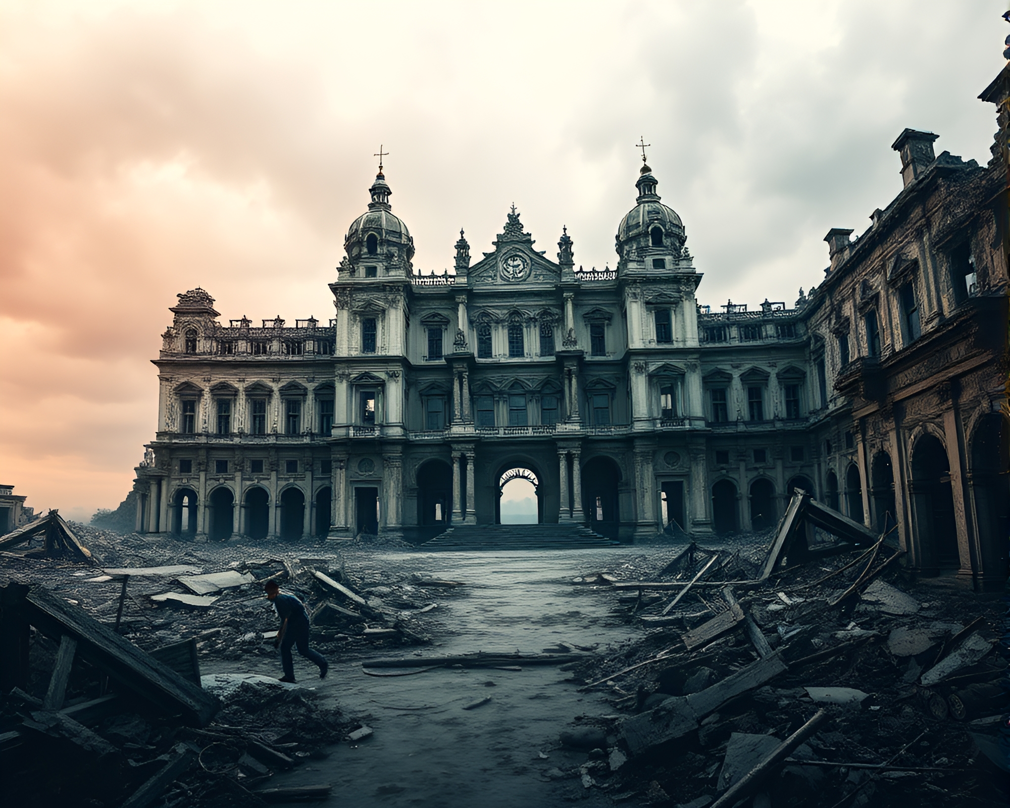 Eerie Photomontage of Crumbling Palace Ruins in Apocalyptic World – free AI stock image