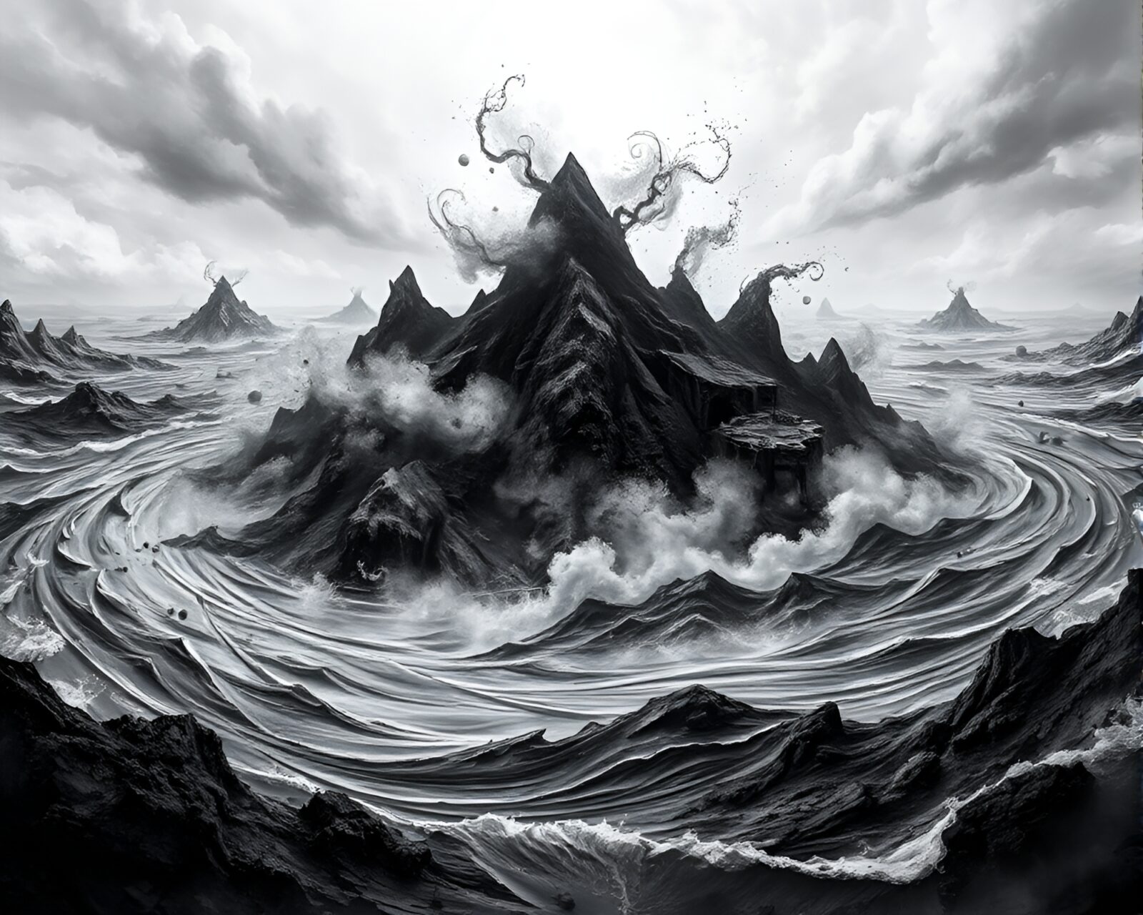 Dramatic swirling ink ocean surrounds dark apocalyptic scene