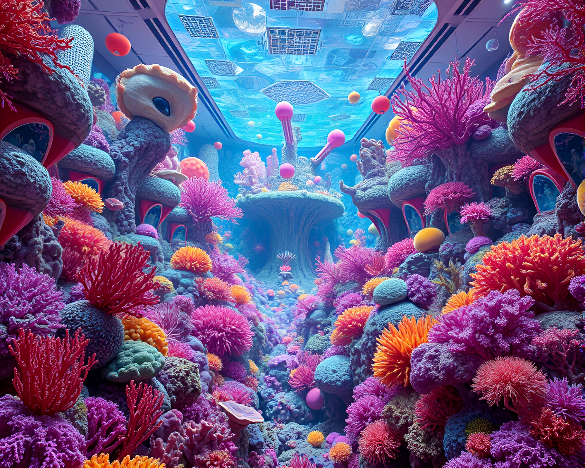 Vibrant Alien Coral Forest in Surreal Modern Exhibit – free AI stock image